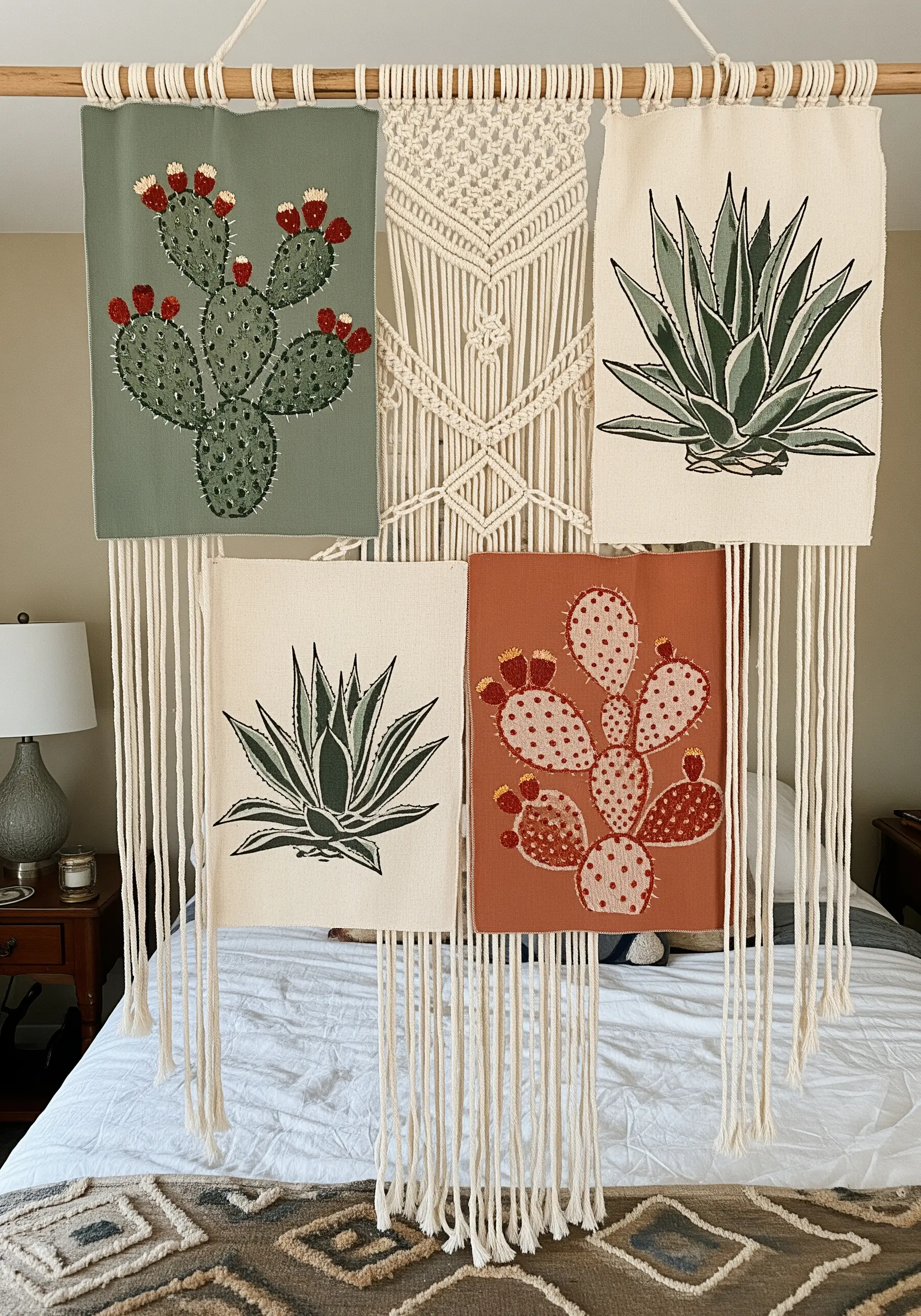 Macrame wall hanging featuring several embroidered panels of cacti and agave plants