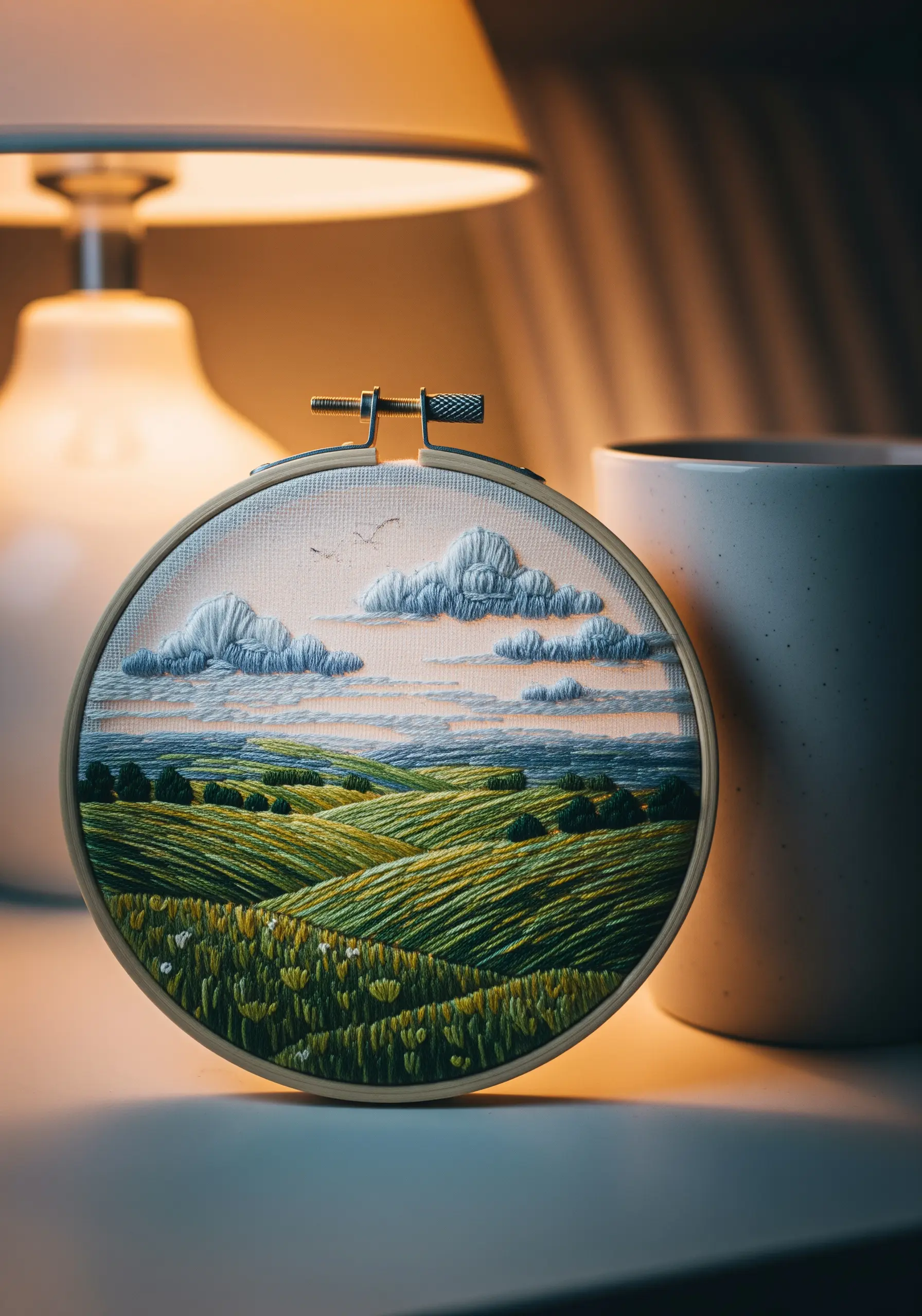 Embroidery hoop art of rolling green hills under a cloudy sky, with textured stitches.