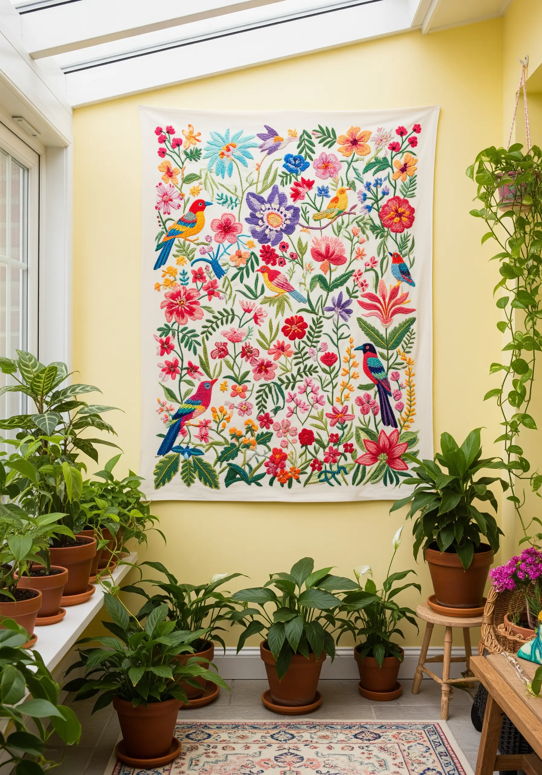 A vibrant, maximalist floral and bird embroidery tapestry on a cream background.
