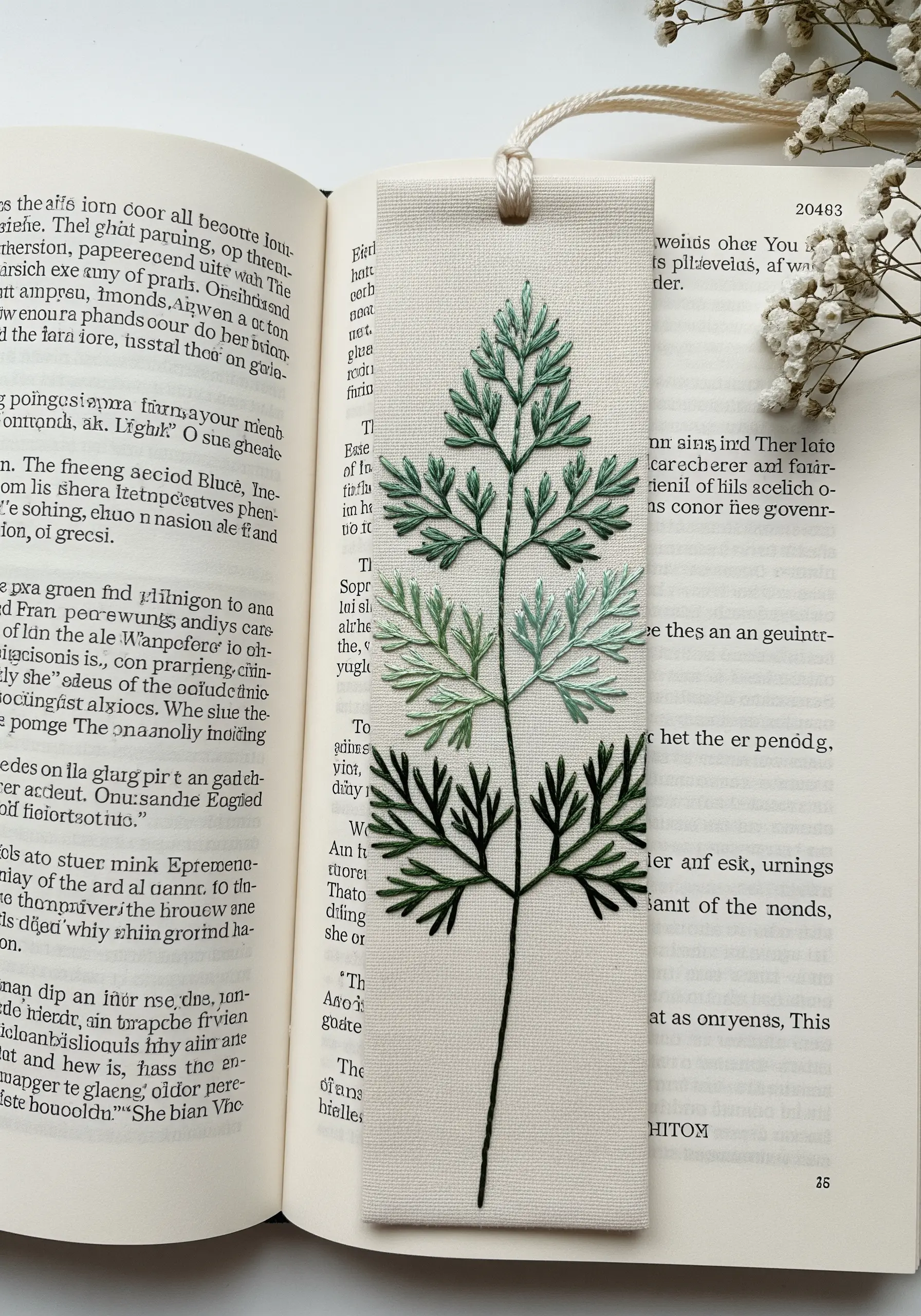 An embroidered bookmark with a parsley-like plant showing a gradient from dark to light green.