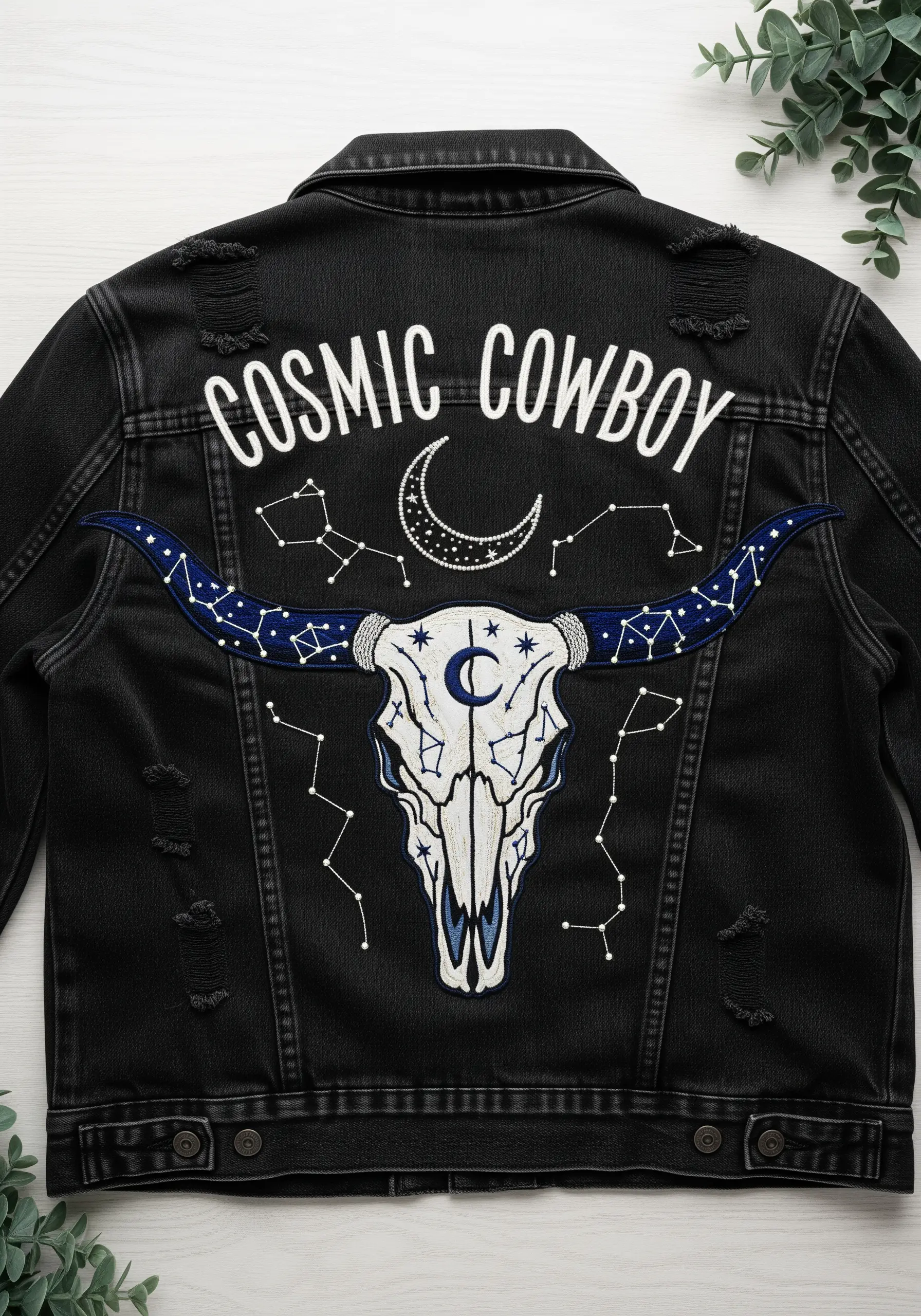 Cosmic cowboy embroidery with a bull skull, constellations, and a crescent moon on a black denim jacket.
