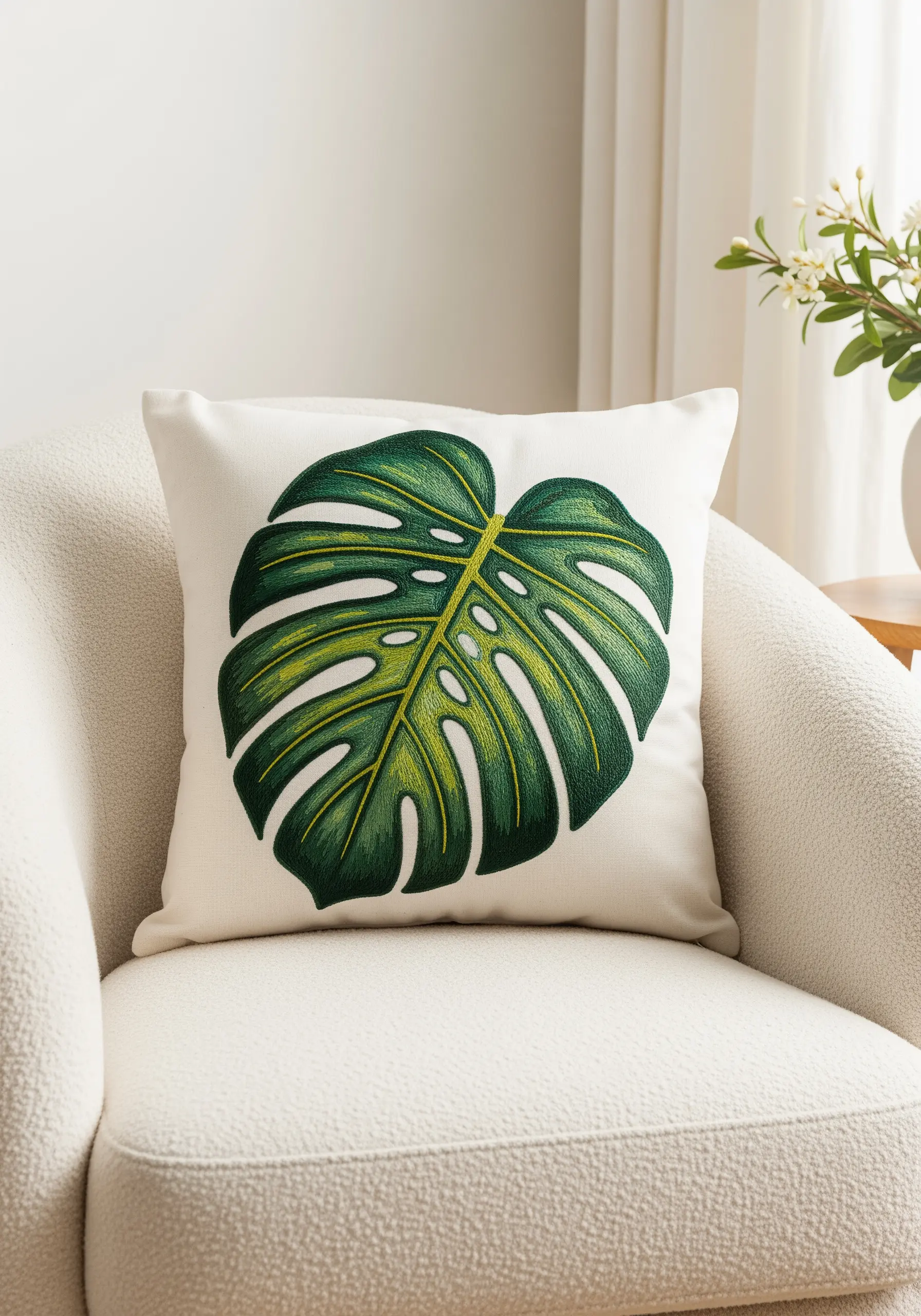 Large monstera leaf embroidered on a white cushion with vibrant green and lime gradients.