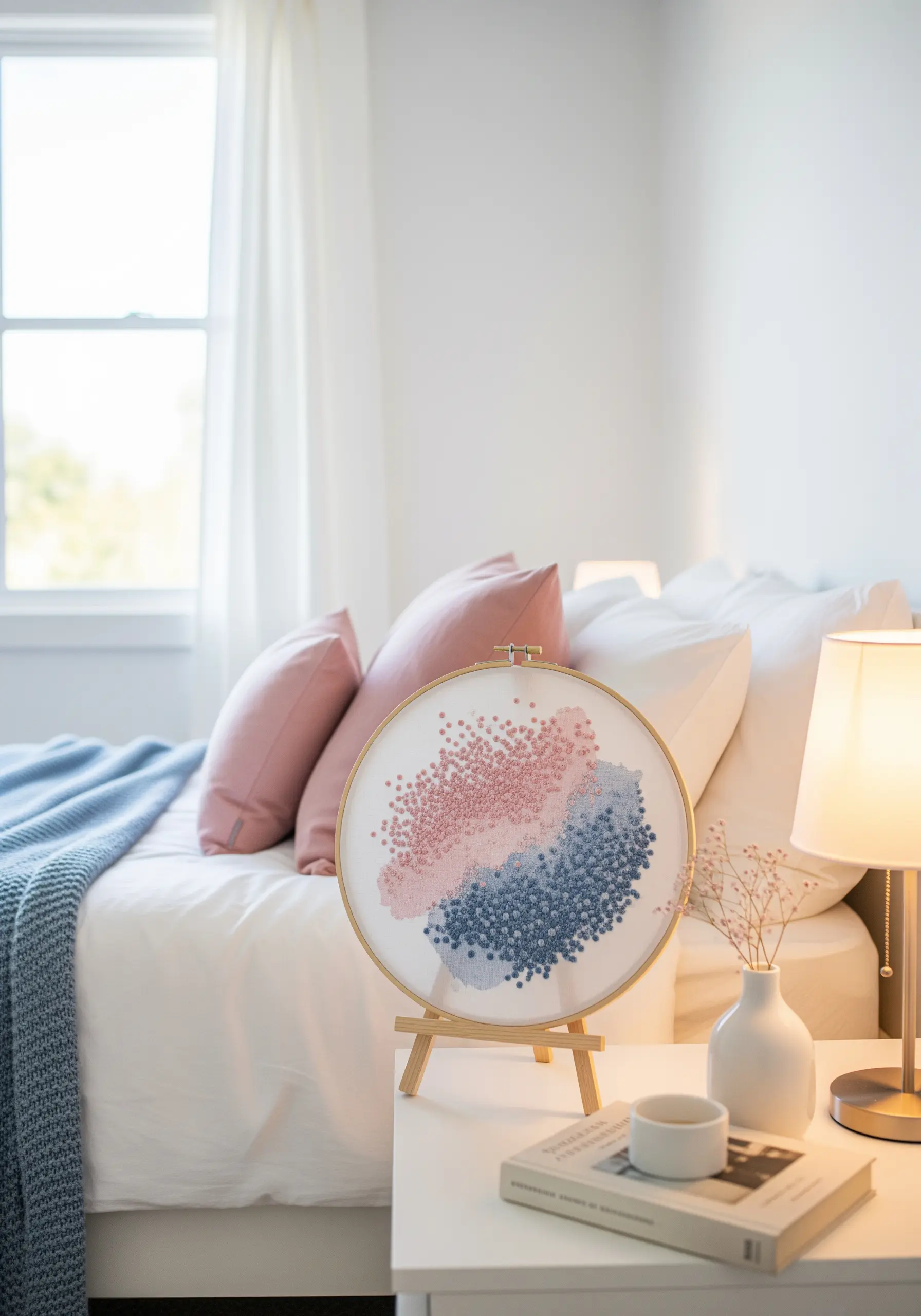 Embroidery hoop with abstract shapes in pink and blue, filled with dense French knots.