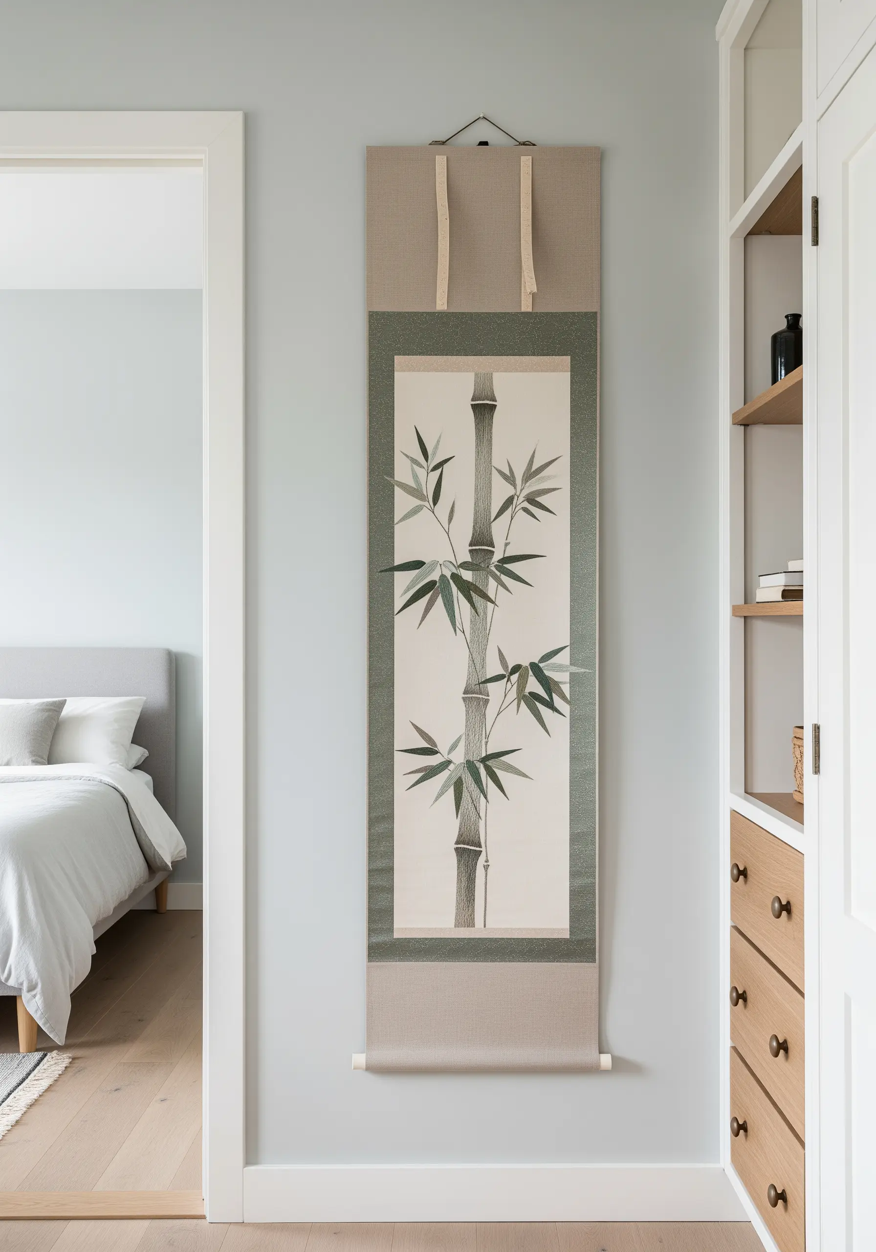 A Japanese-style wall scroll with an embroidered bamboo stalk and softly blended green leaves.