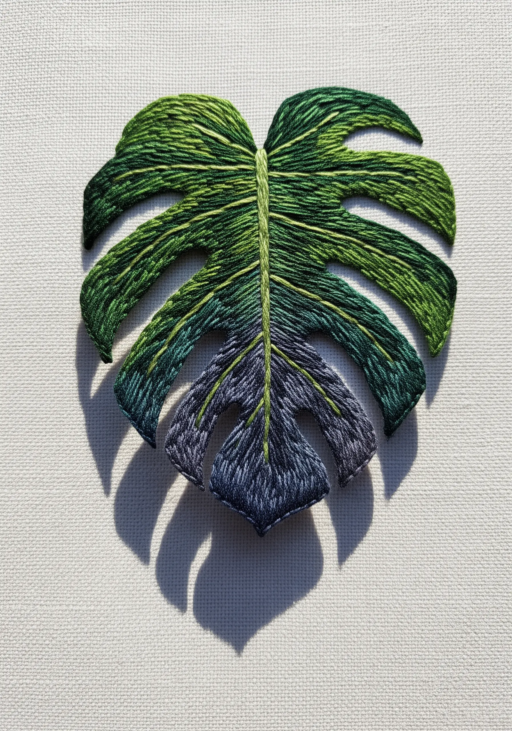 Embroidered monstera leaf with green thread blending into deep blue for a shadow effect.