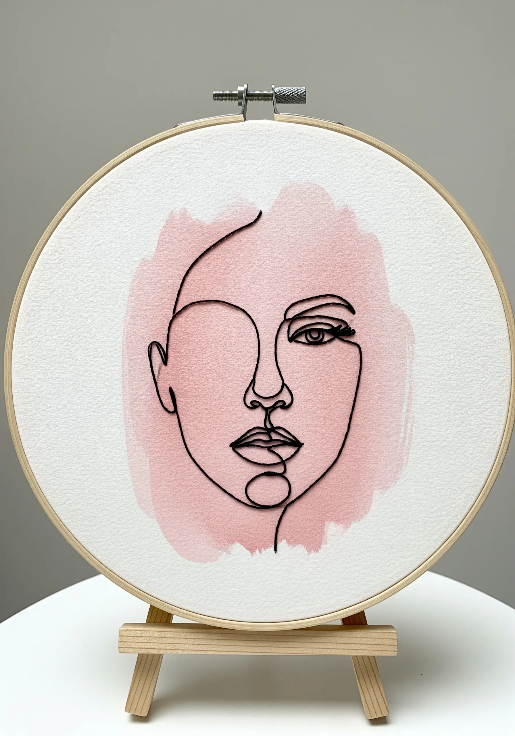 Black line art embroidery of a face stitched over a soft pink watercolor wash on paper.