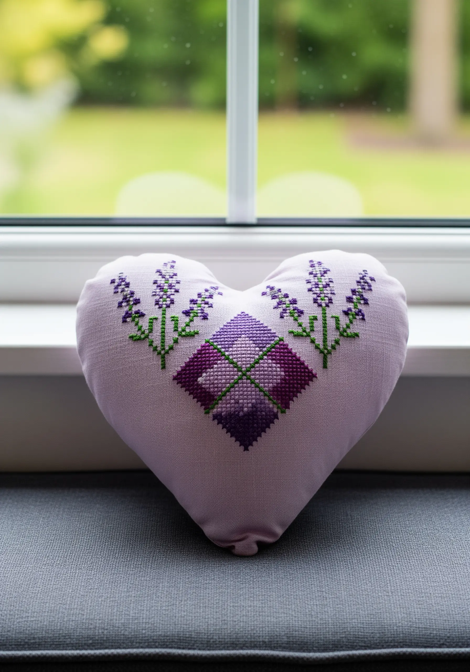 A heart-shaped pillow with a central cross-stitch pattern flanked by lavender sprigs.