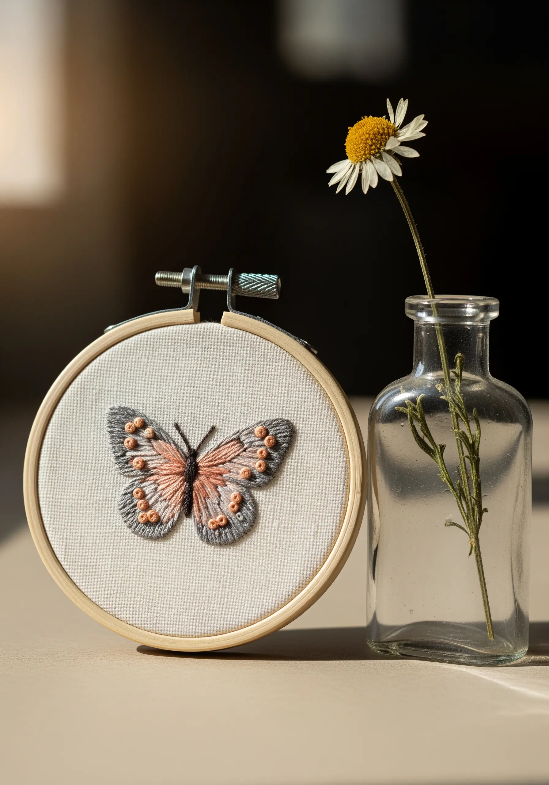 A delicately embroidered butterfly with blended pink and gray thread-painted wings.