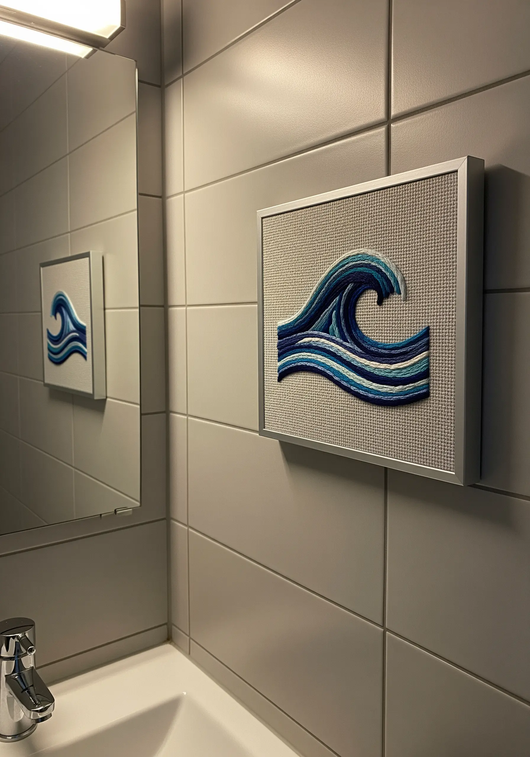 Framed embroidery of a stylized ocean wave with blended shades of blue and white thread.