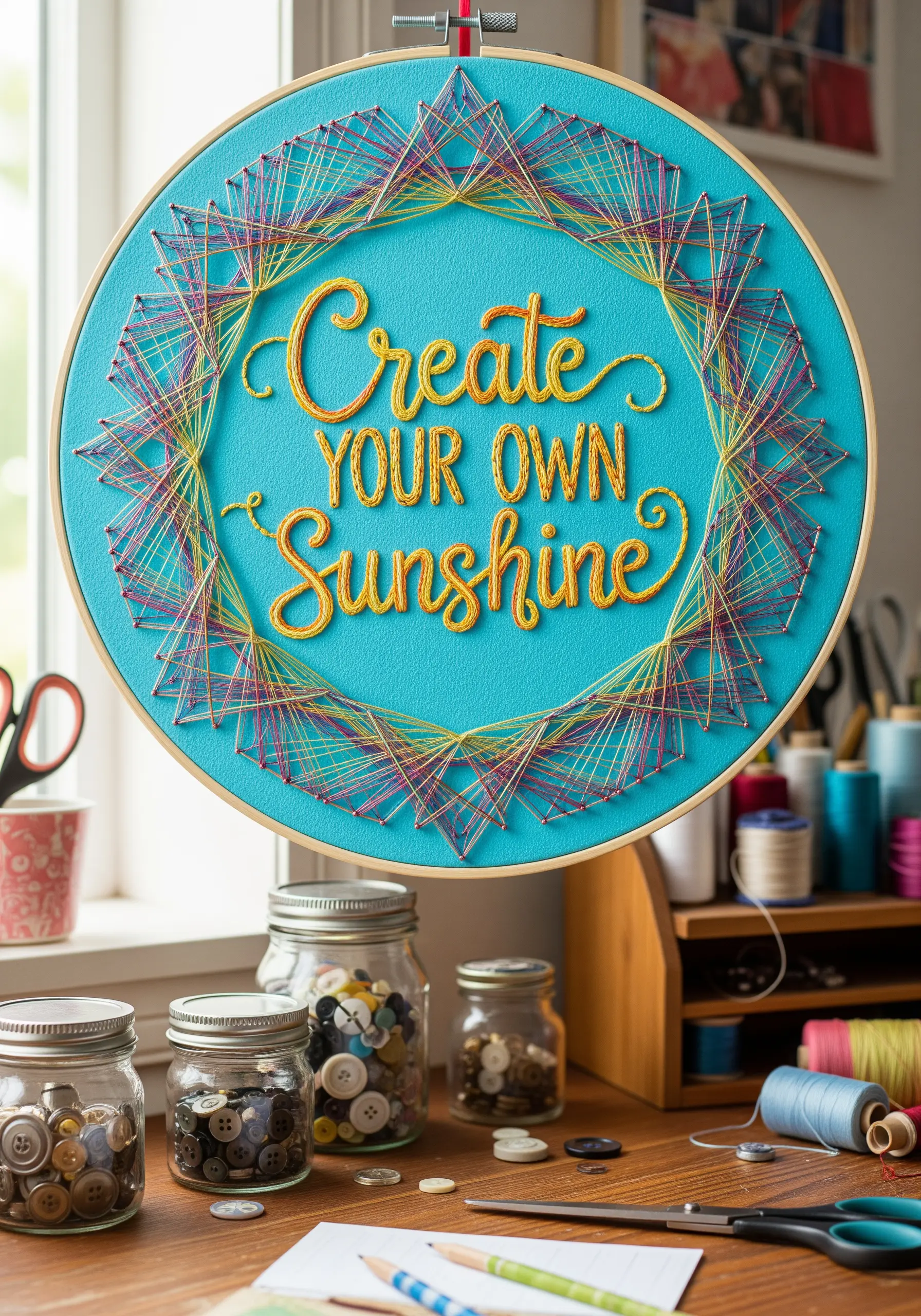 Hoop art with 'Create Your Own Sunshine' and a string art border made with variegated thread.