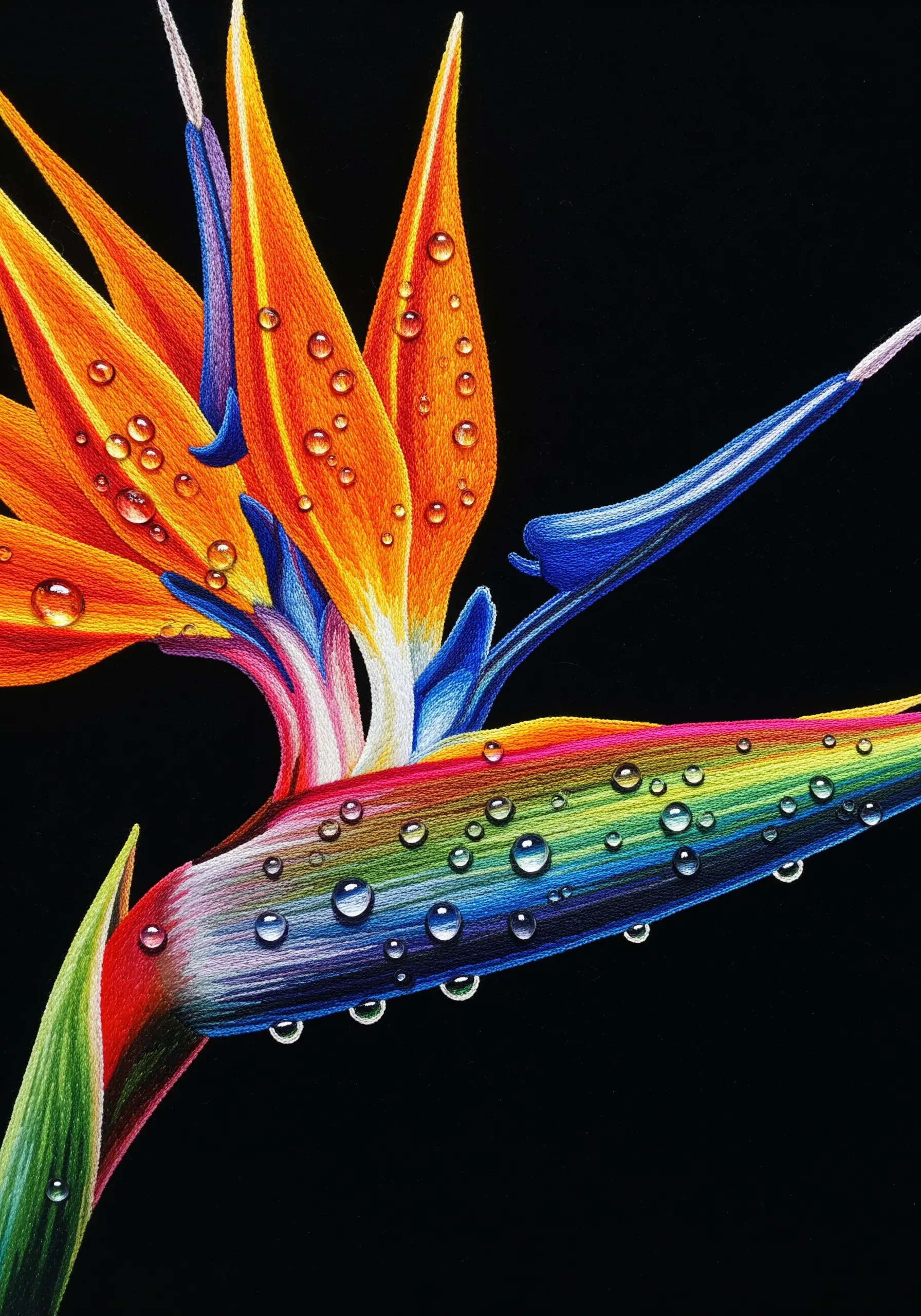 A vibrant bird of paradise flower with rainbow color gradients and beaded water droplets.