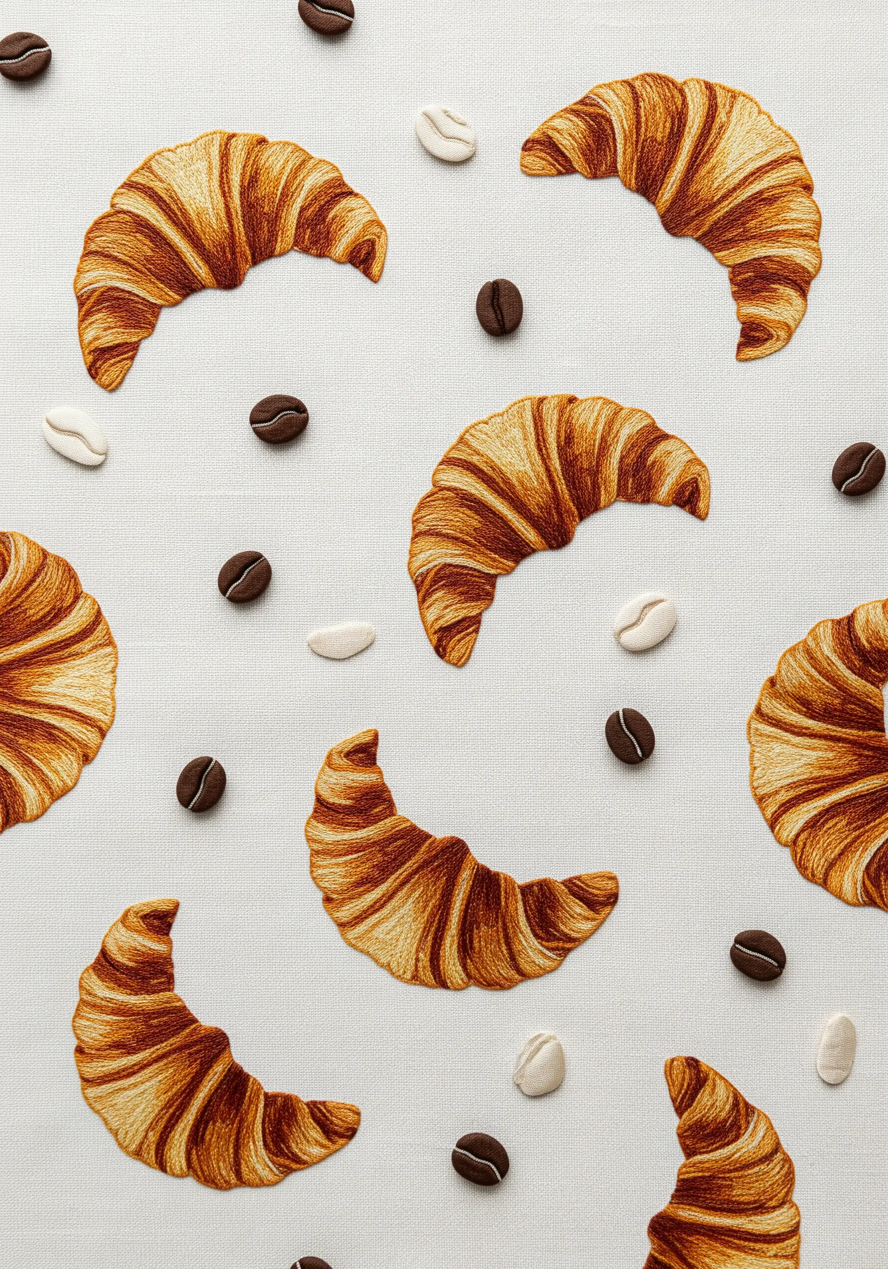 Realistic embroidered croissants with detailed color blending on white linen.