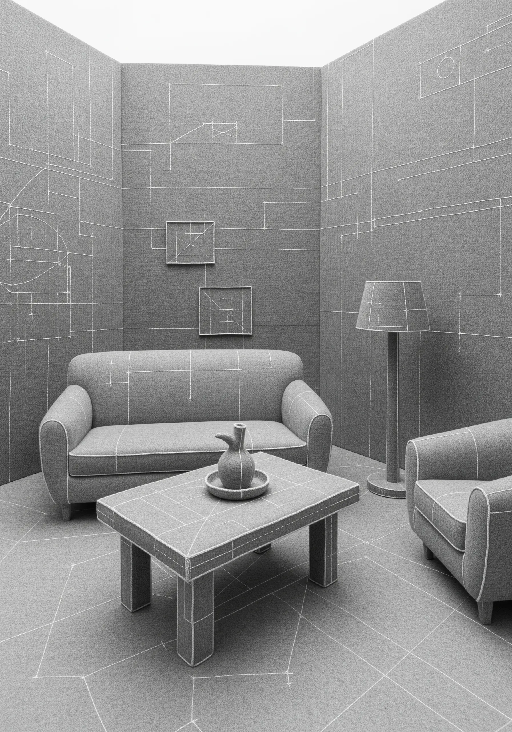 A living room scene where all furniture is gray fabric outlined in white running stitch.