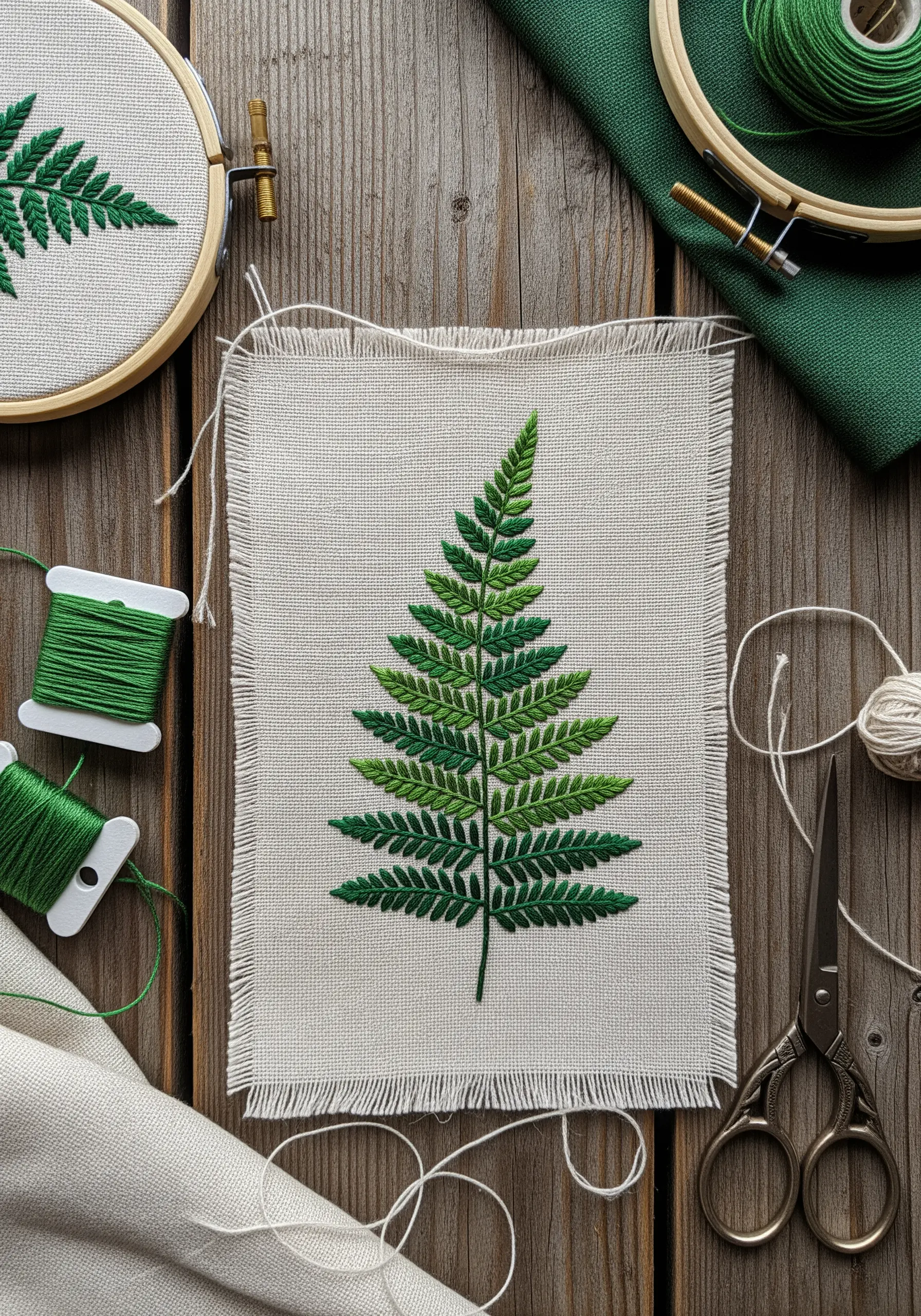 An embroidered fern leaf on linen, showcasing green gradient thread shading.