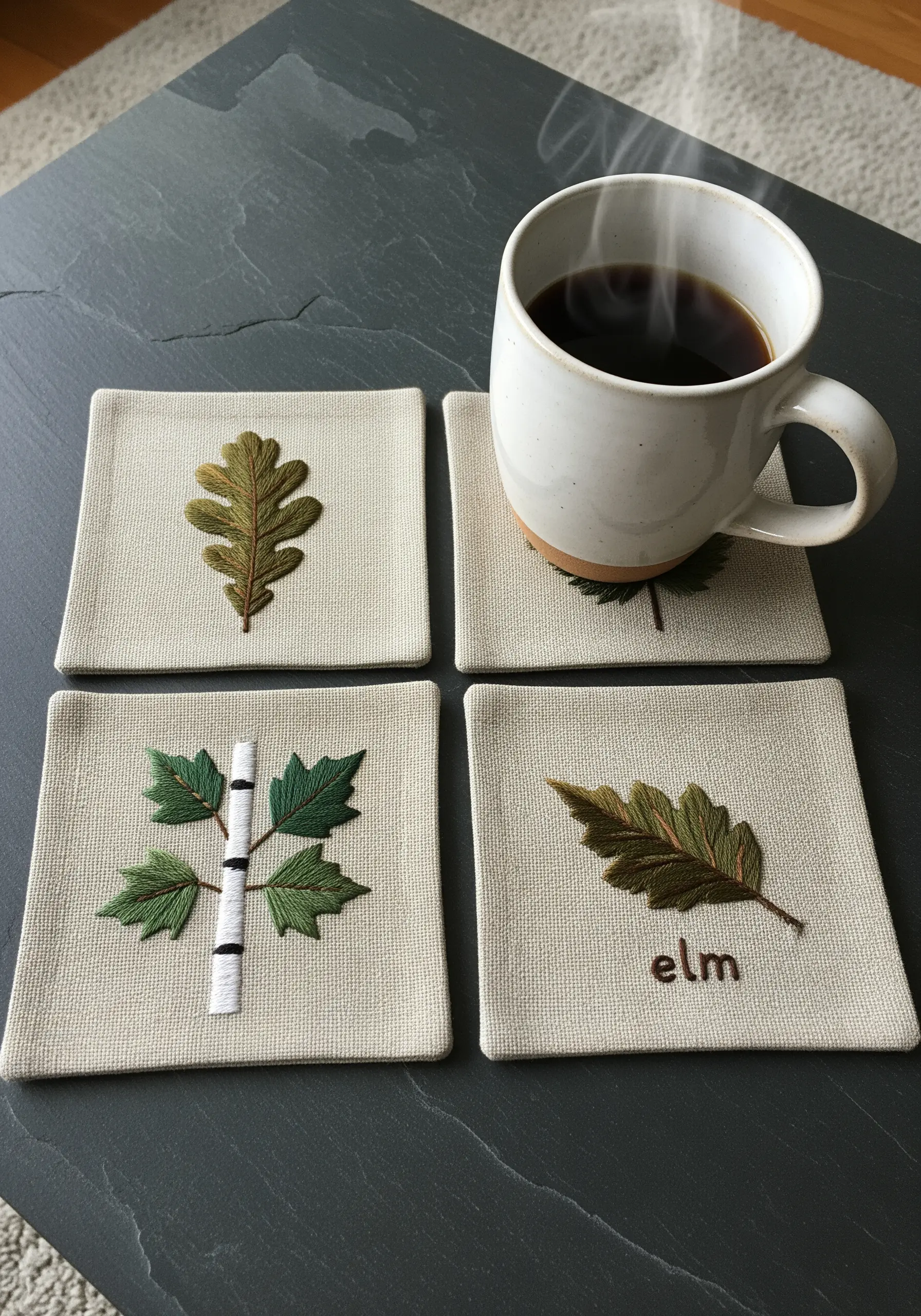 Four embroidered coasters, each featuring a different type of leaf.