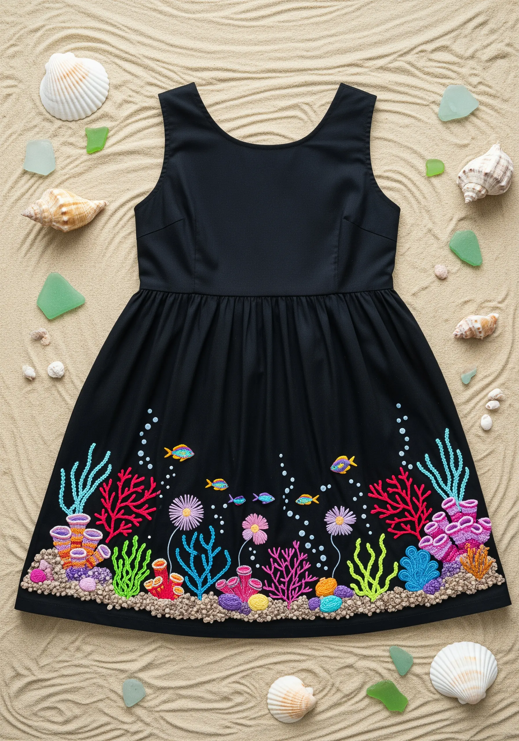 A vibrant and textural coral reef embroidered along the hem of a black dress.
