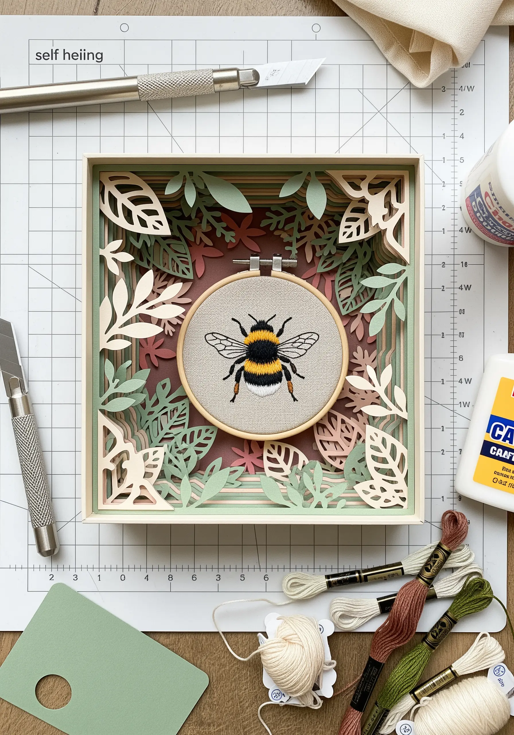An embroidered bee in a hoop, framed by layers of green and pink paper-cut leaves in a shadow box.