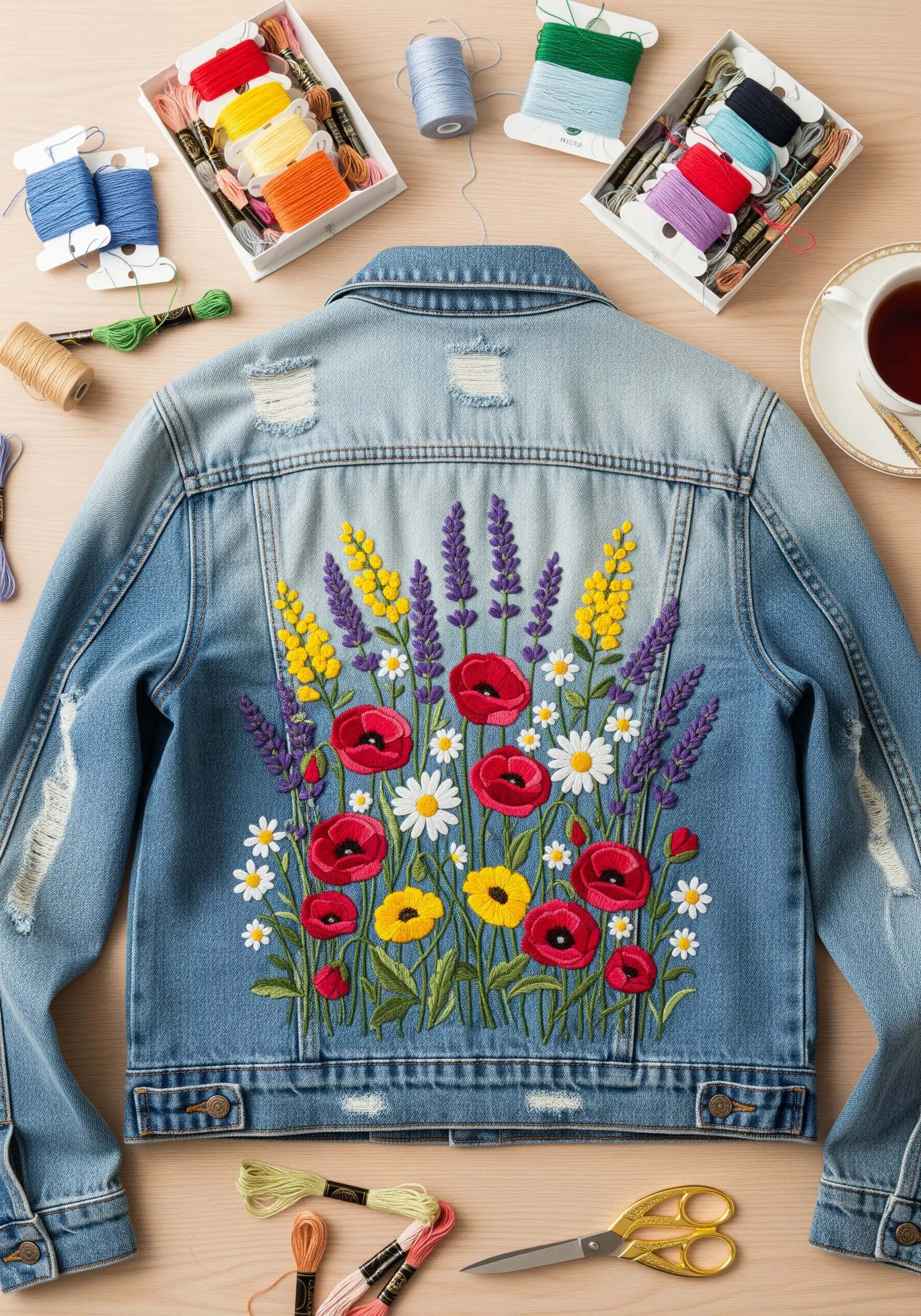 Colorful wildflower embroidery with poppies and lavender on the back of a denim jacket.