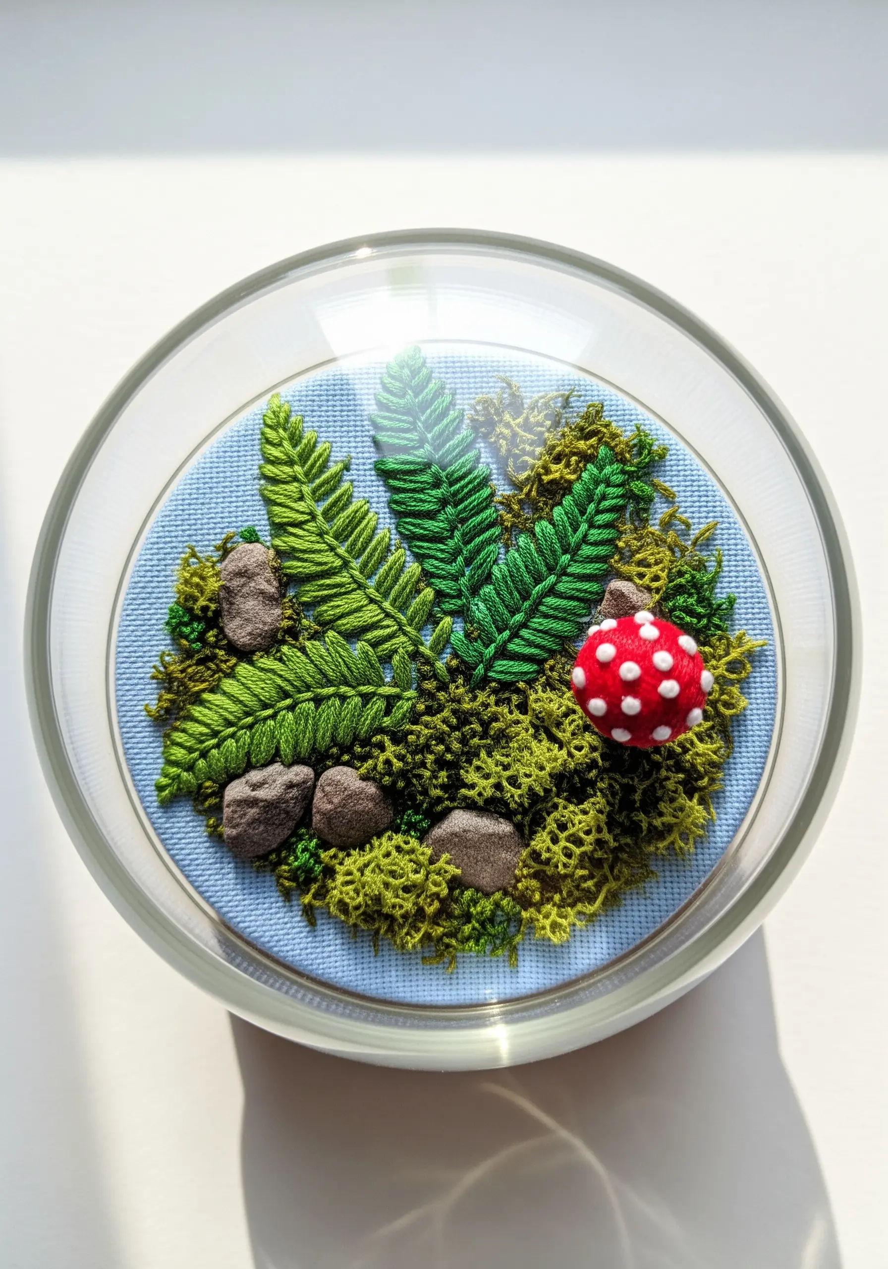 3D embroidered terrarium under a glass cloche with moss and ferns.