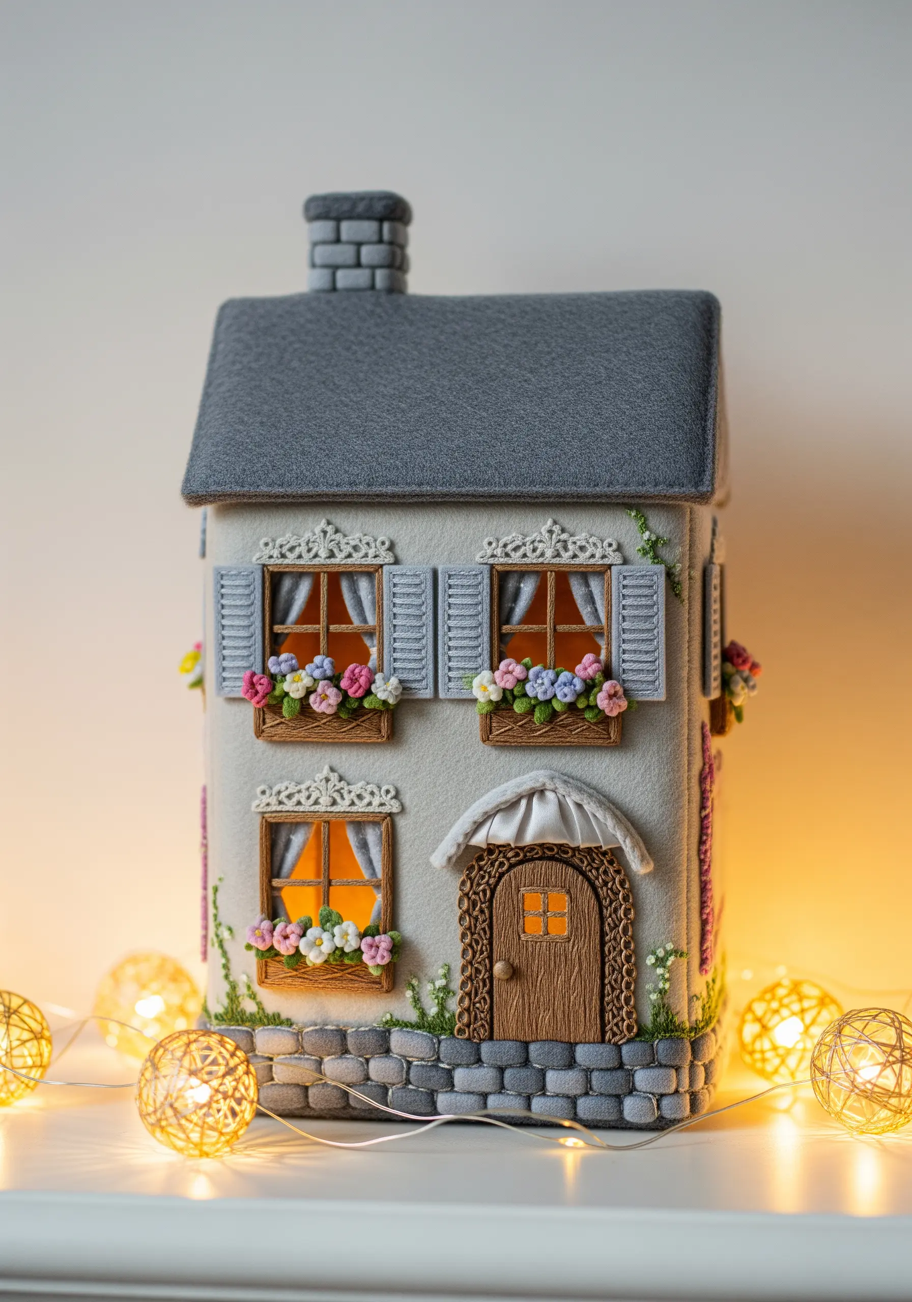 An intricately detailed, three-dimensional fabric house with embroidered flowers and lace details.