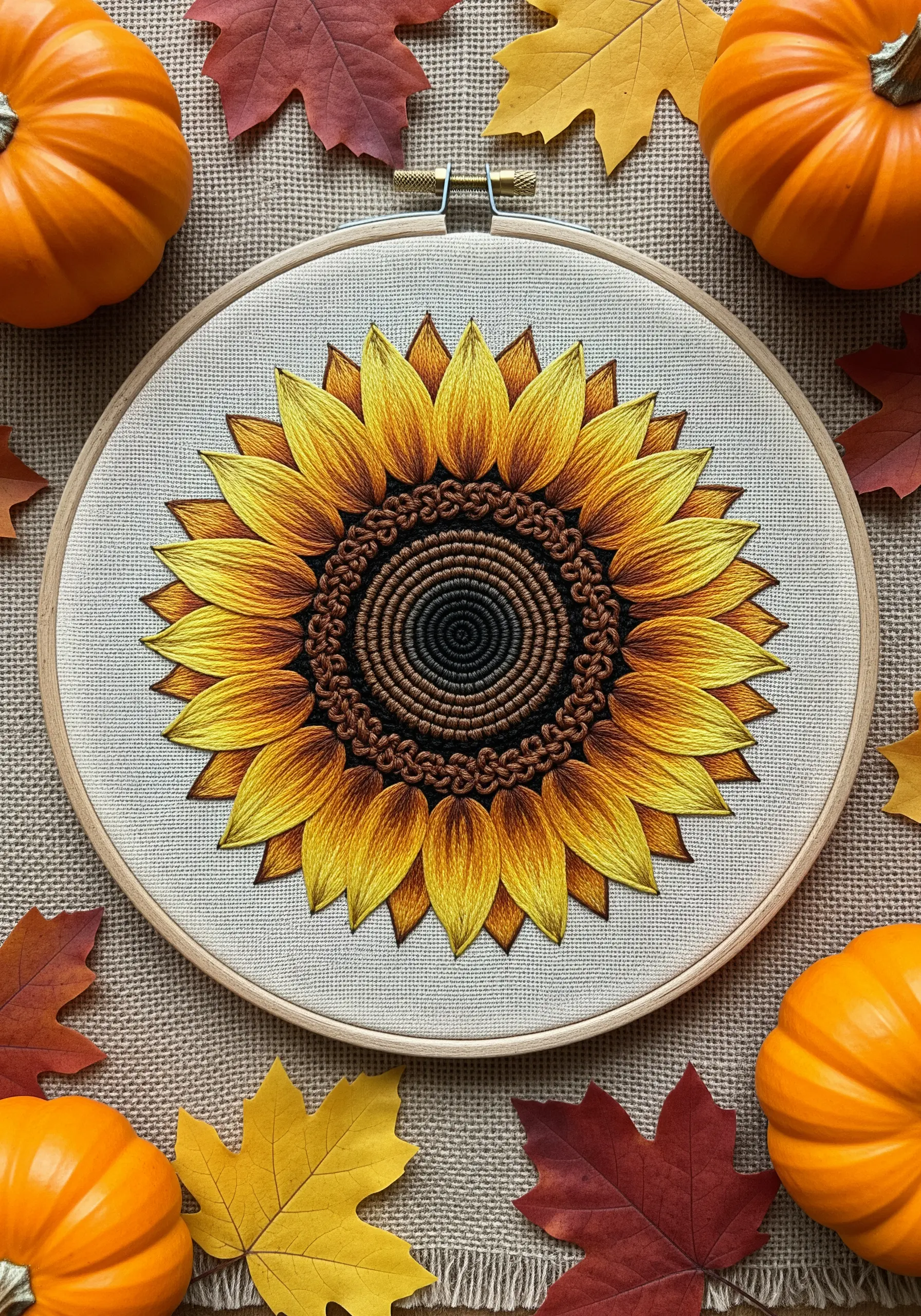 A large sunflower with a textured brown center and yellow-to-orange gradient petals.