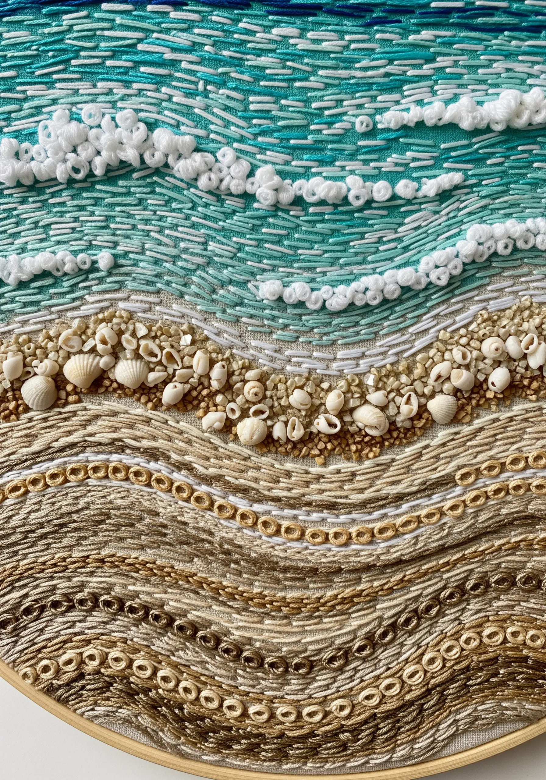 A detailed beach scene embroidery with beads for sand, French knots for seafoam, and thread for waves.