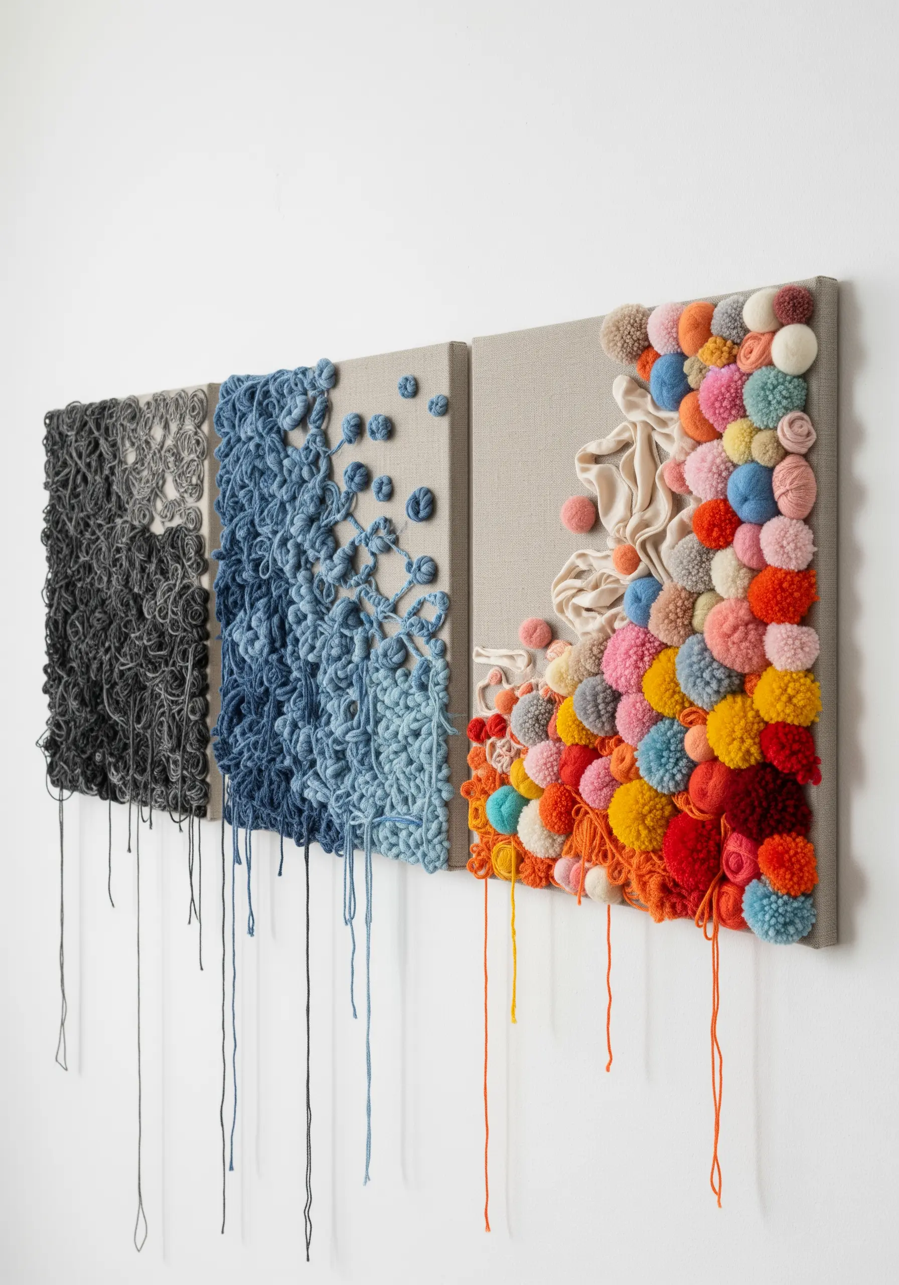 A triptych of fiber art showing a progression from tangled grey threads to colorful pom-poms.