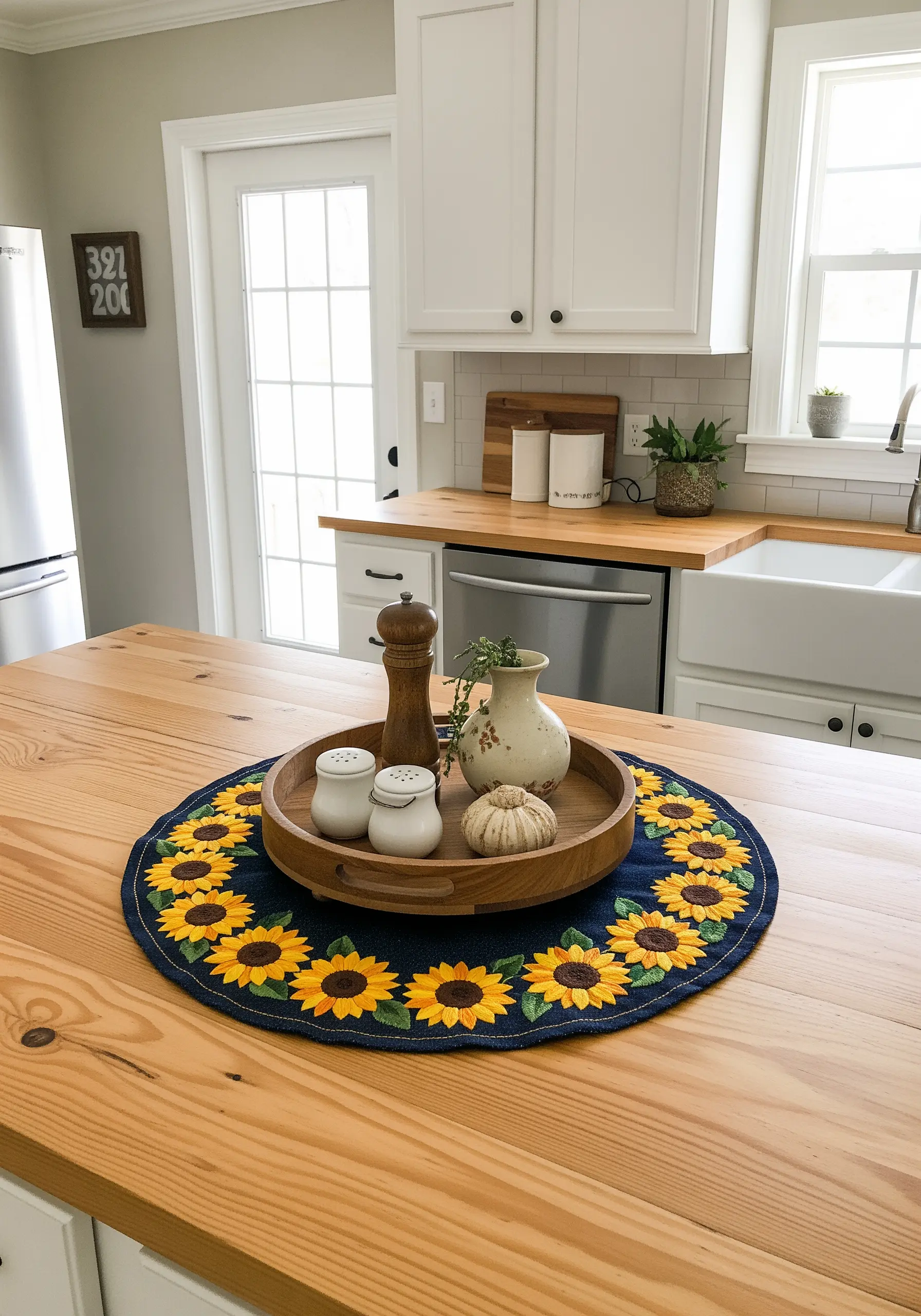 Round navy blue centerpiece mat with a border of bright, appliqué-and-embroidered sunflowers.