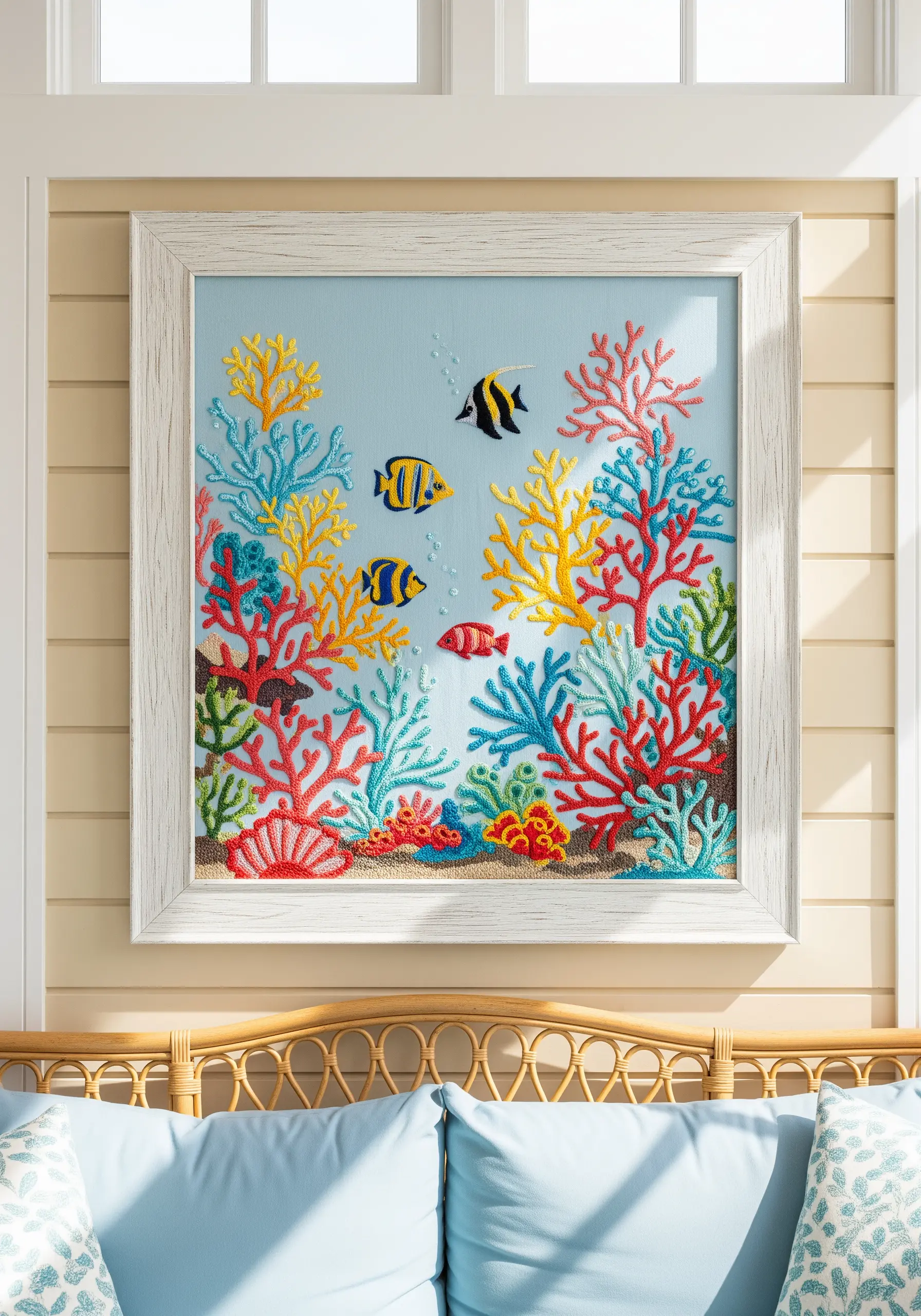 A vibrant coral reef embroidery with tropical fish, using French knots for texture.
