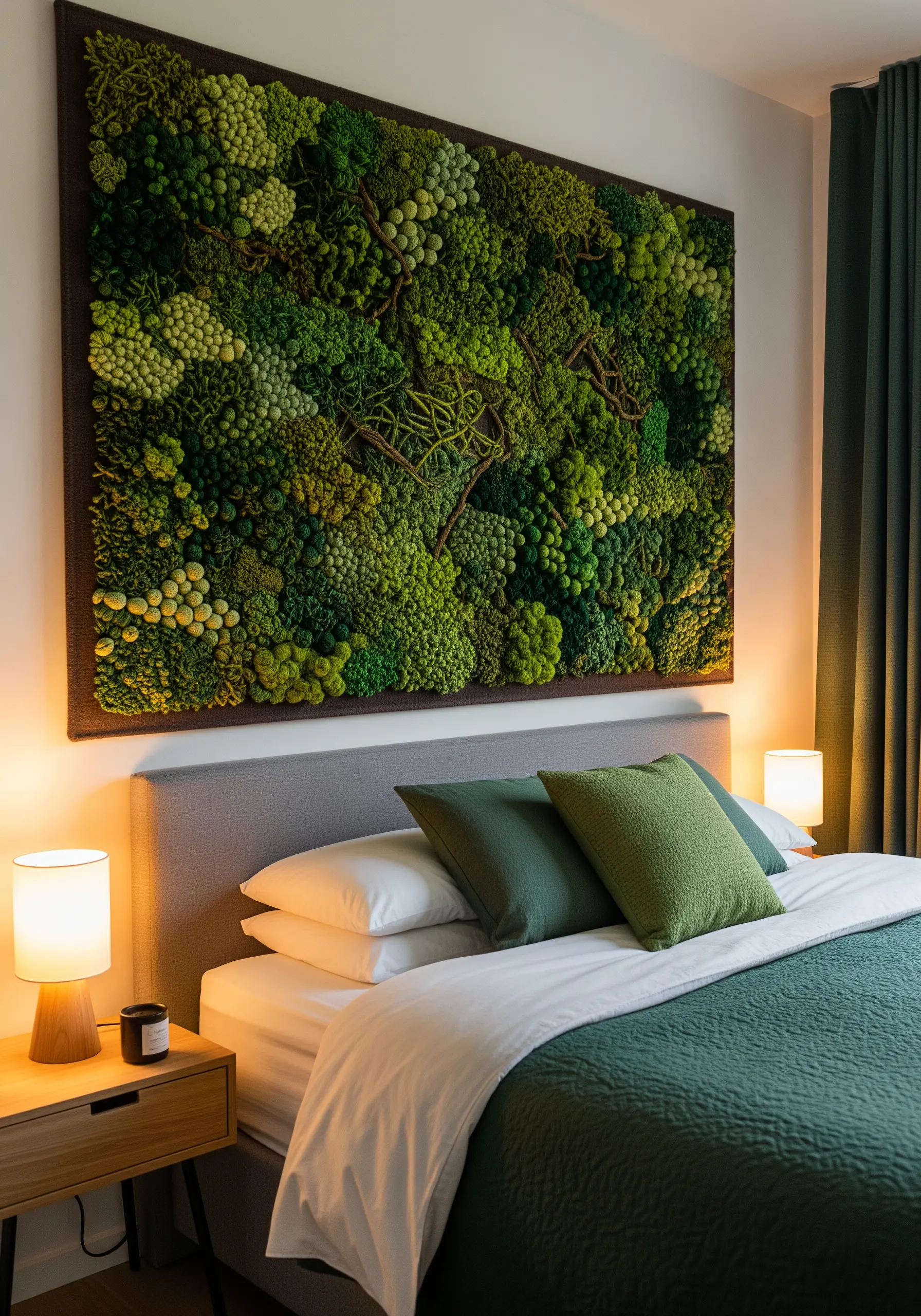 Large, framed wall art depicting a lush, three-dimensional moss wall in various shades of green.