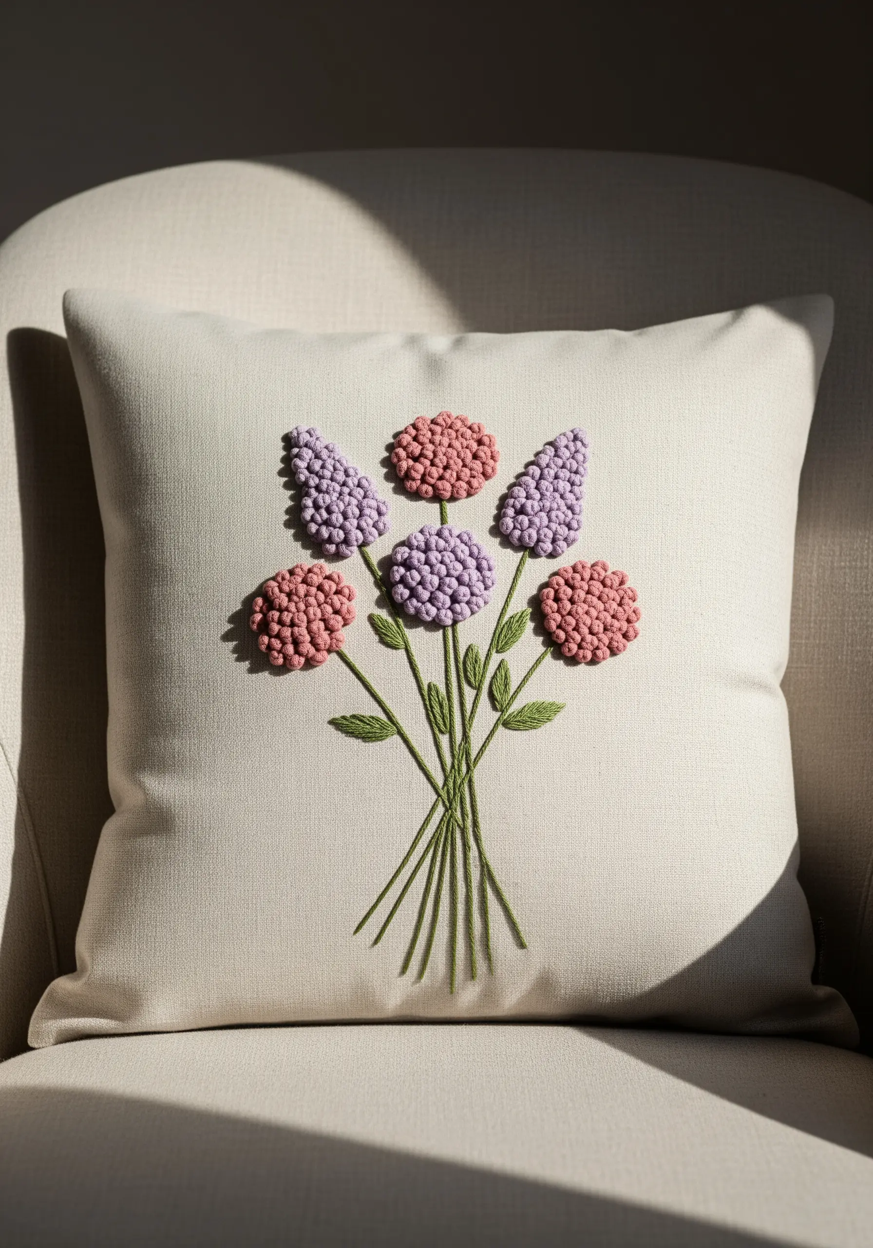 A bouquet of abstract flowers on a pillow, with heads made of dense pink and purple French knots.