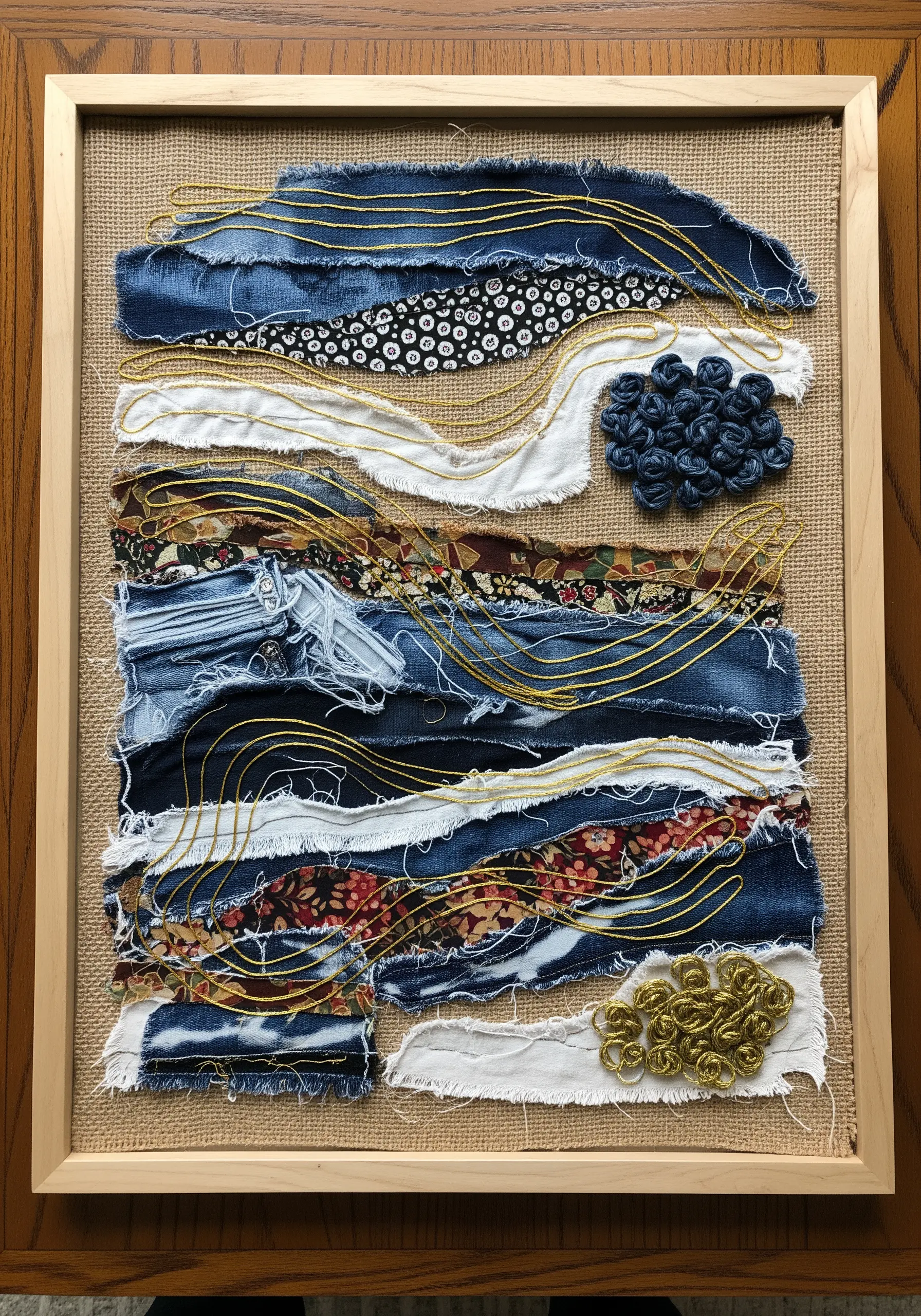 A framed fabric collage made from layered denim and patterned scraps with gold thread accents.