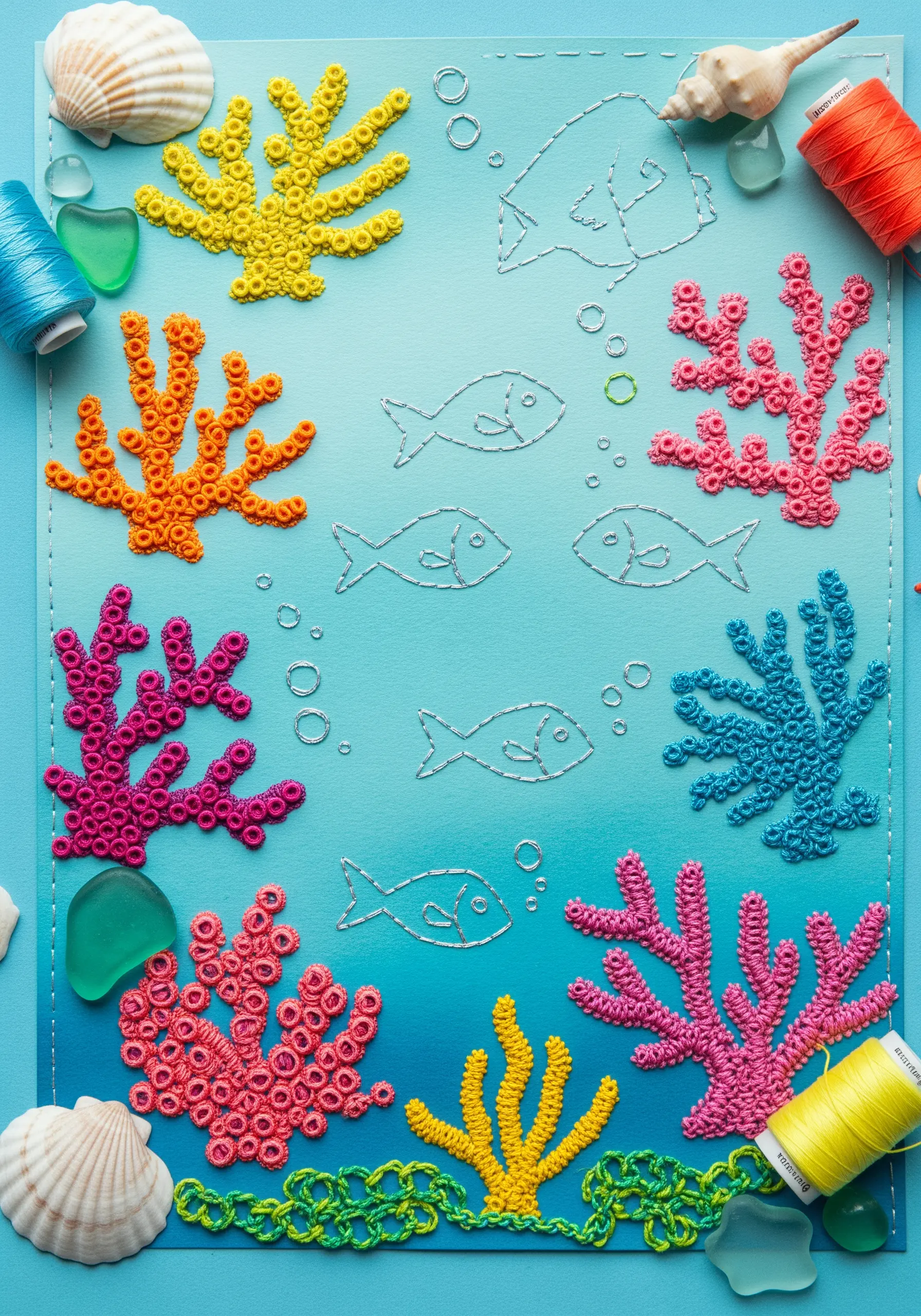 An embroidered underwater scene on blue paper with colorful, textured coral made from French knots.