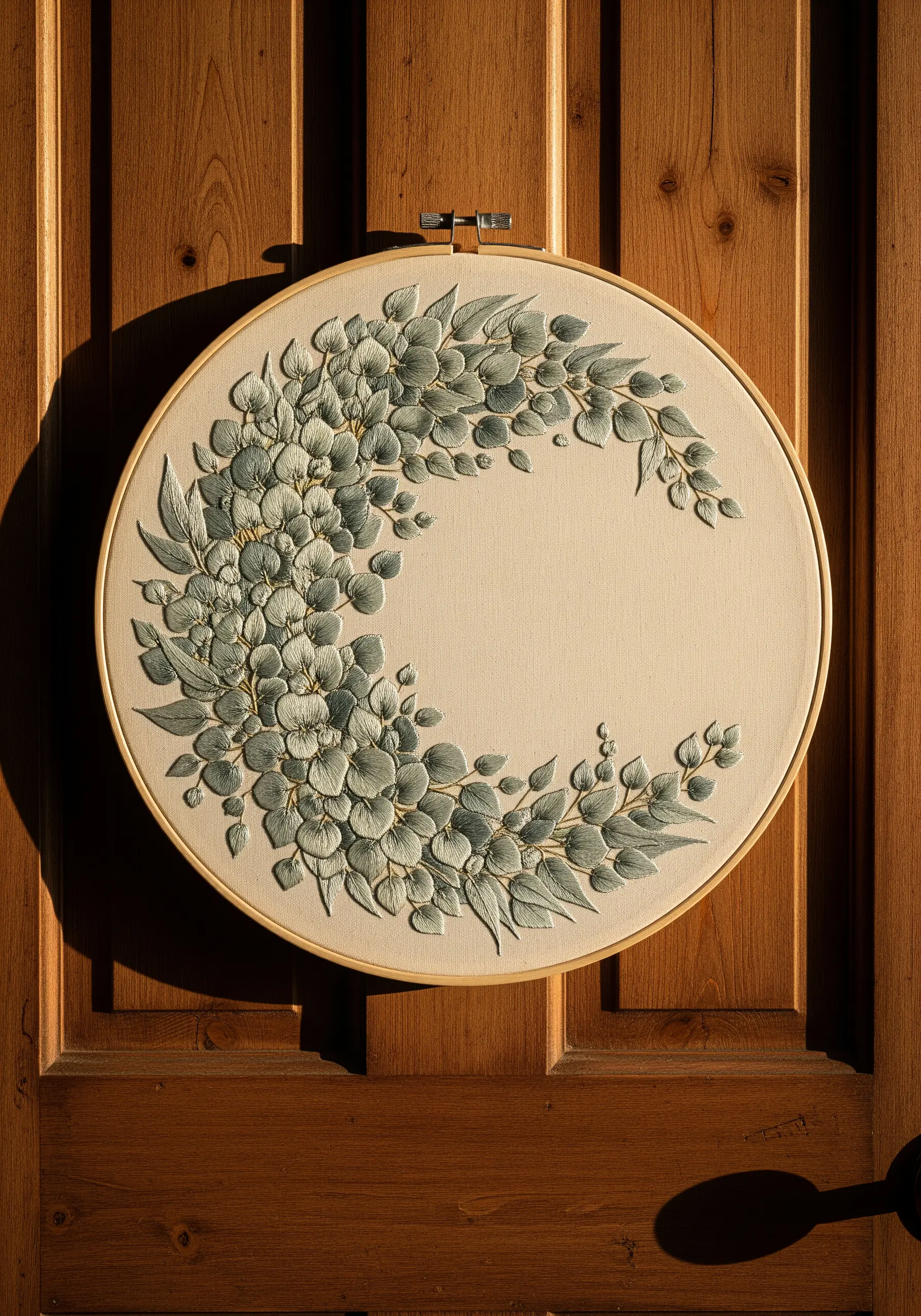 Monochromatic crescent-shaped eucalyptus embroidery with highly textured, layered leaves in sage green.