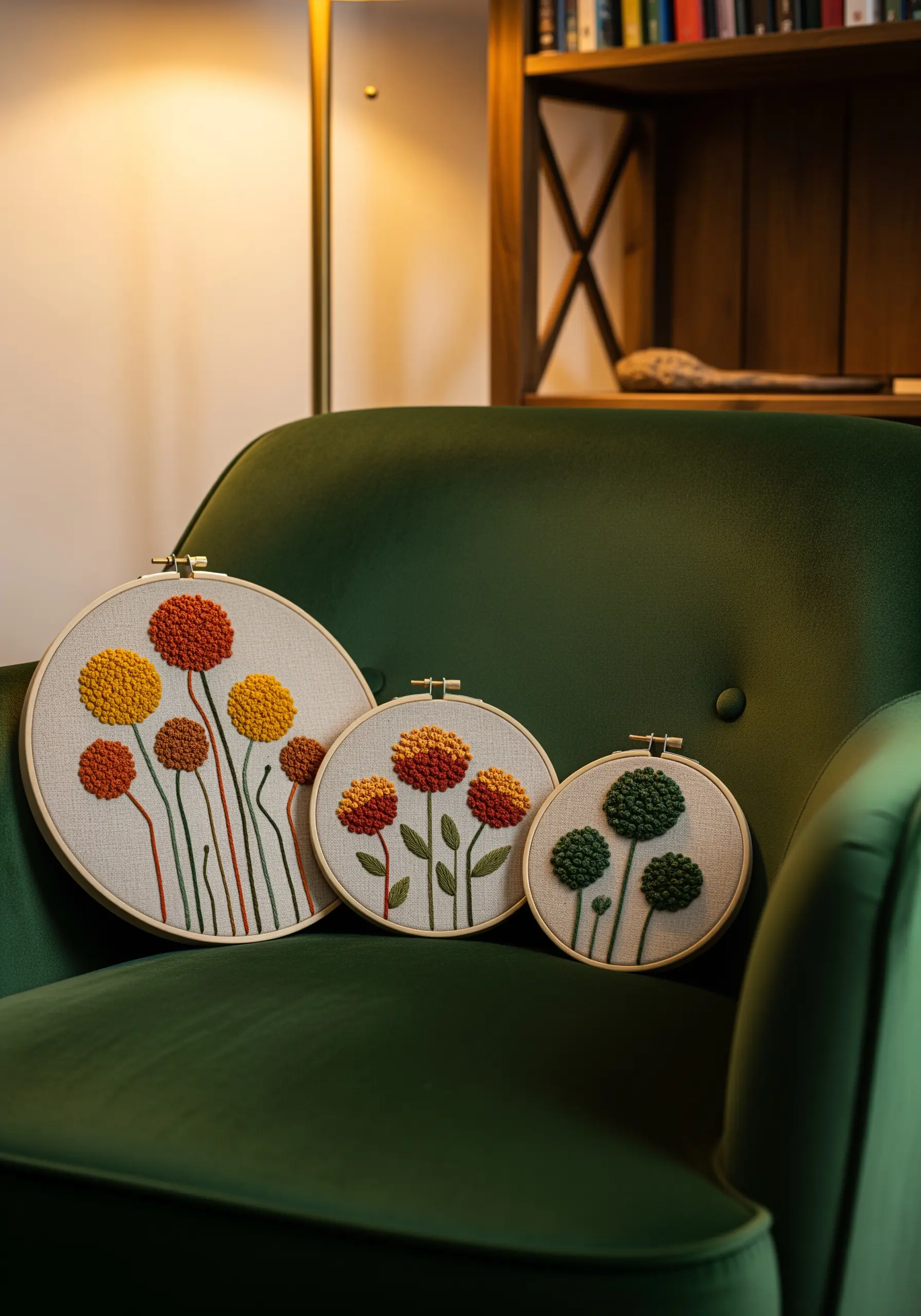 Textured floral embroidery using dense French knots in autumnal colors