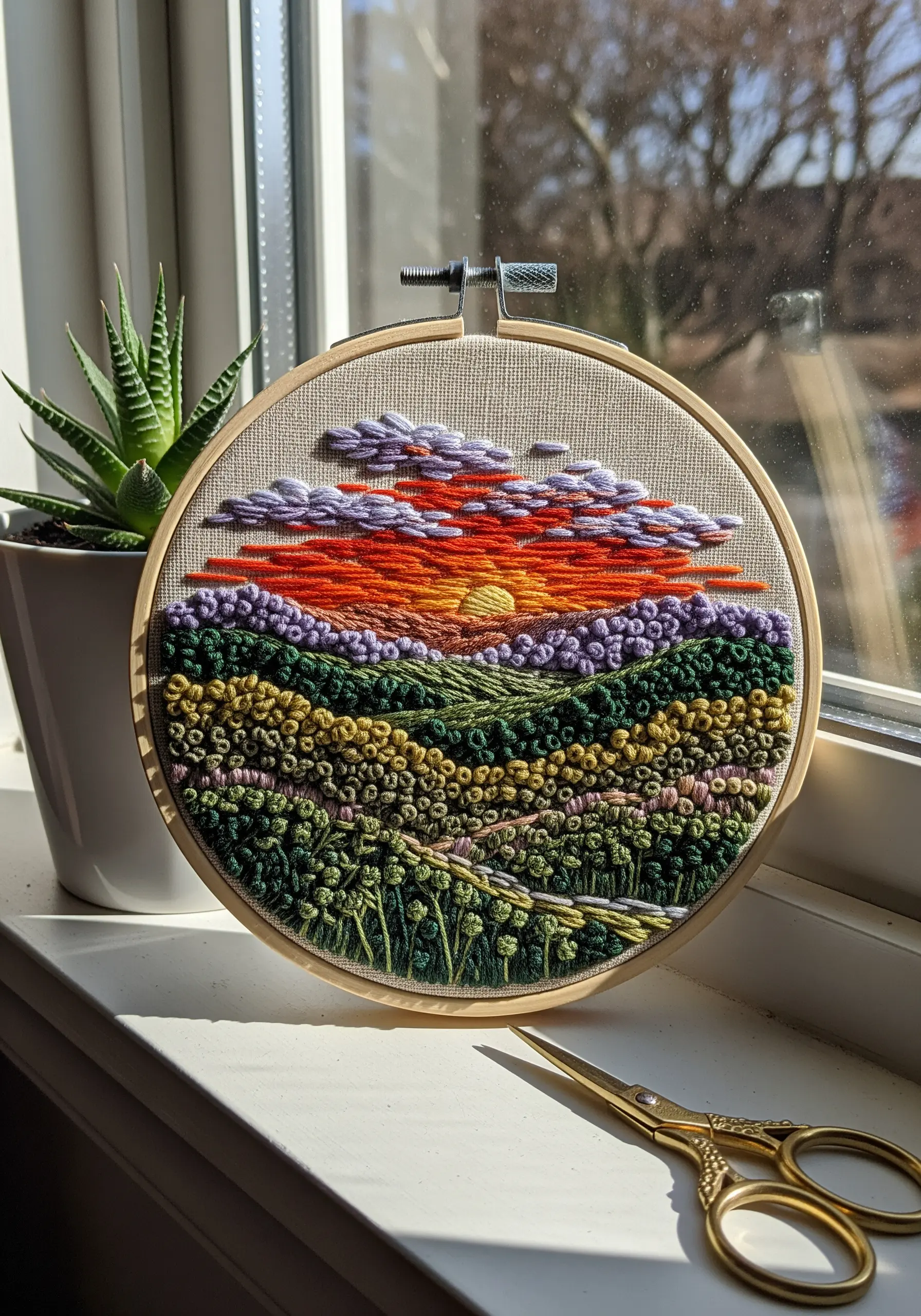 Embroidery hoop art of a vibrant, textured landscape with French knots and satin stitch clouds.