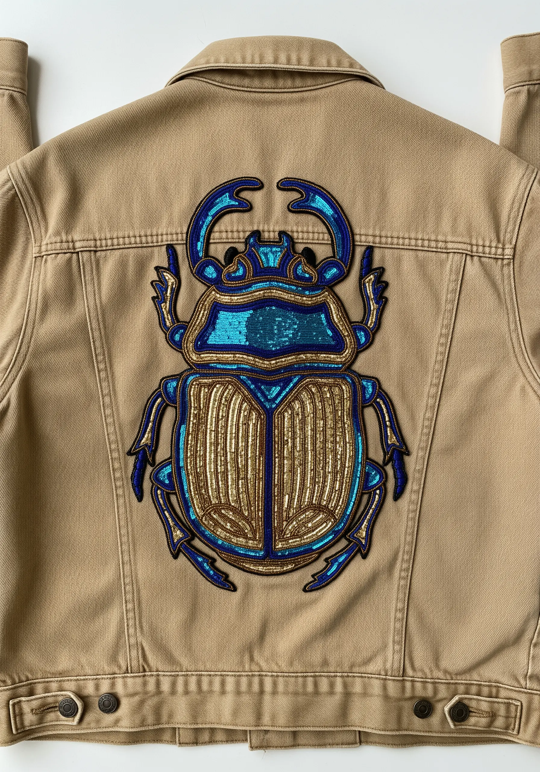 An Egyptian scarab beetle motif on a tan jacket, embellished with blue and gold beads and sequins.
