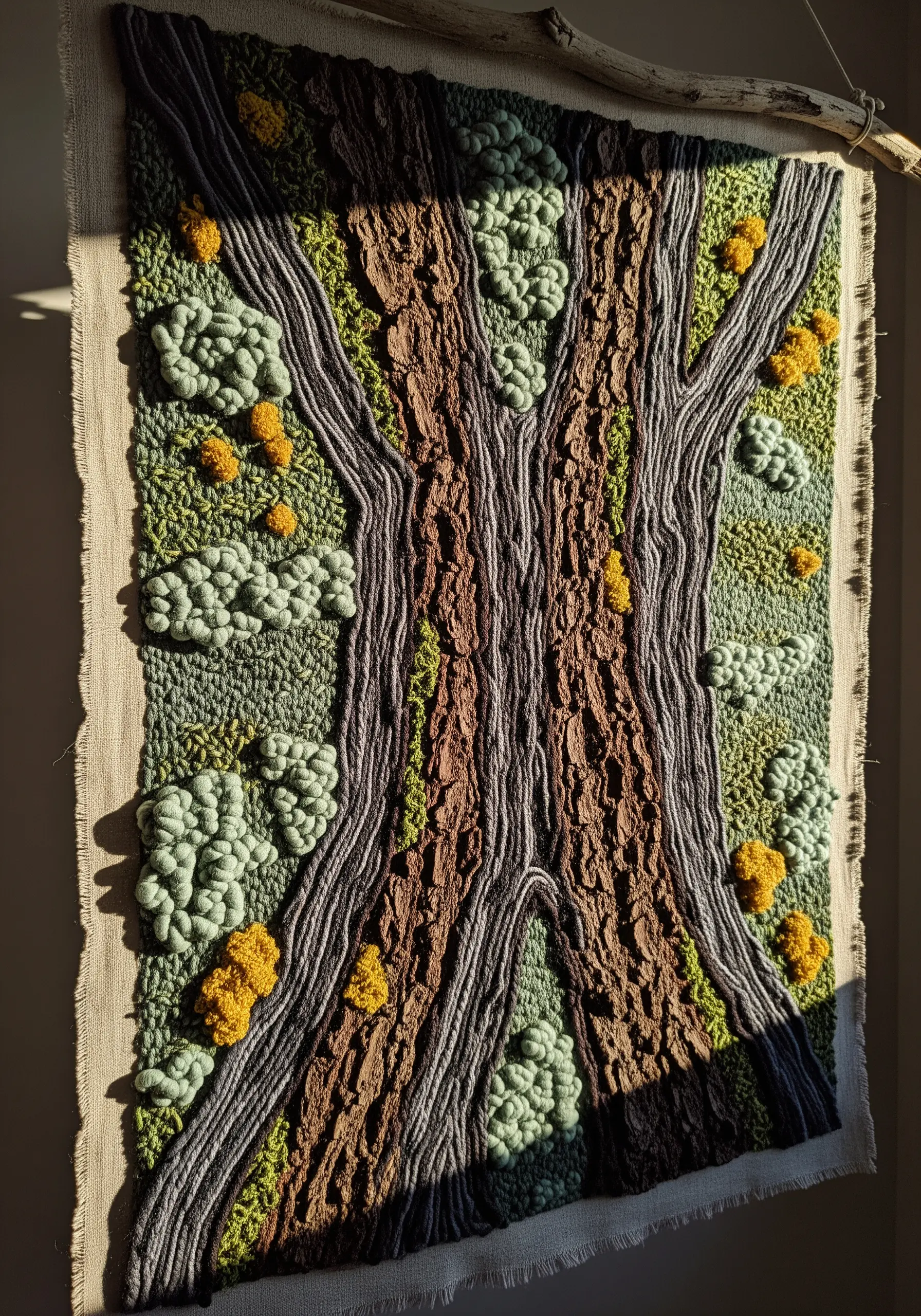 Highly textured wall hanging of a tree with yarn couching for bark and punch needle for moss.