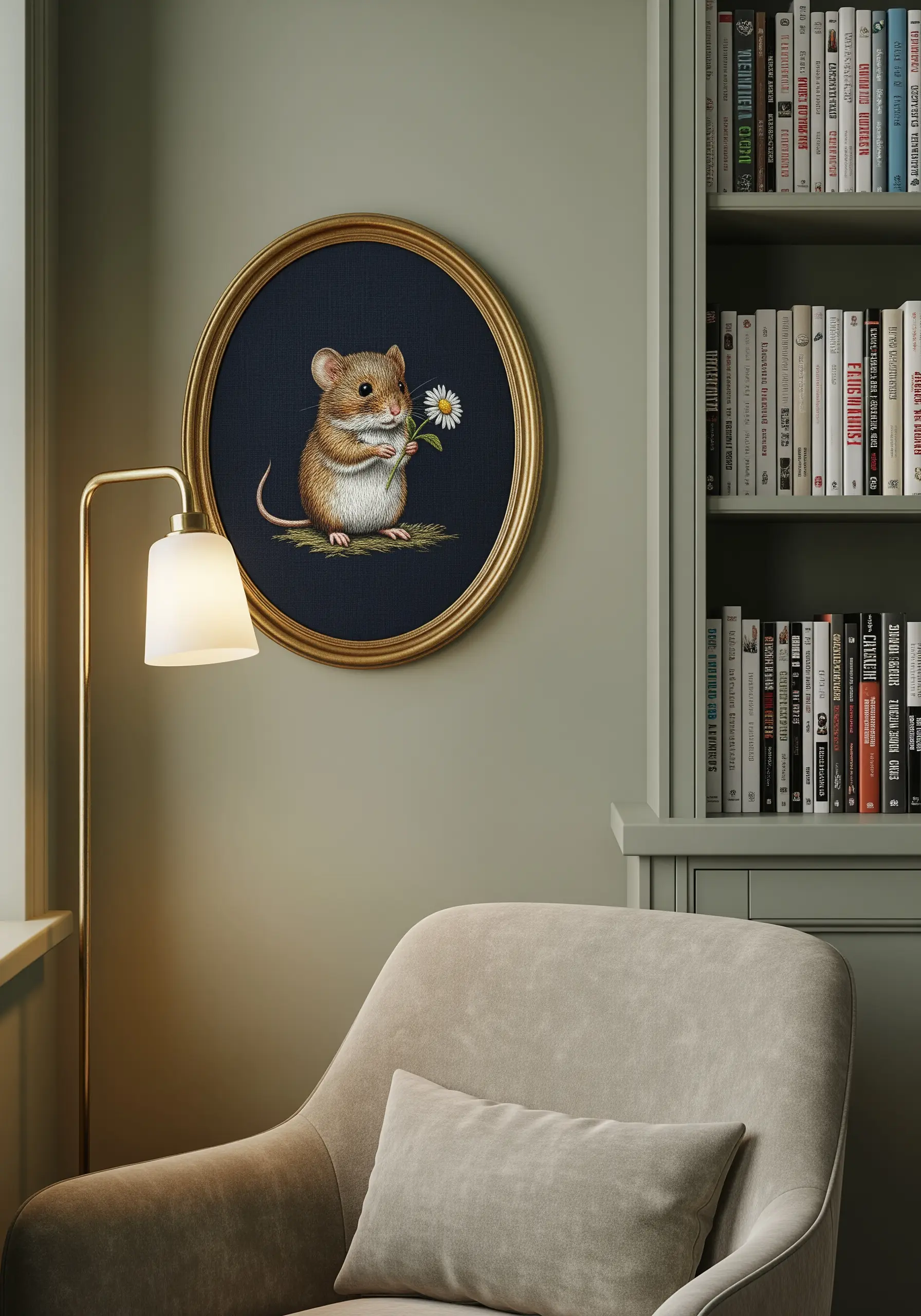 A realistic embroidered mouse holding a daisy, framed in a gold oval frame on a sage wall.
