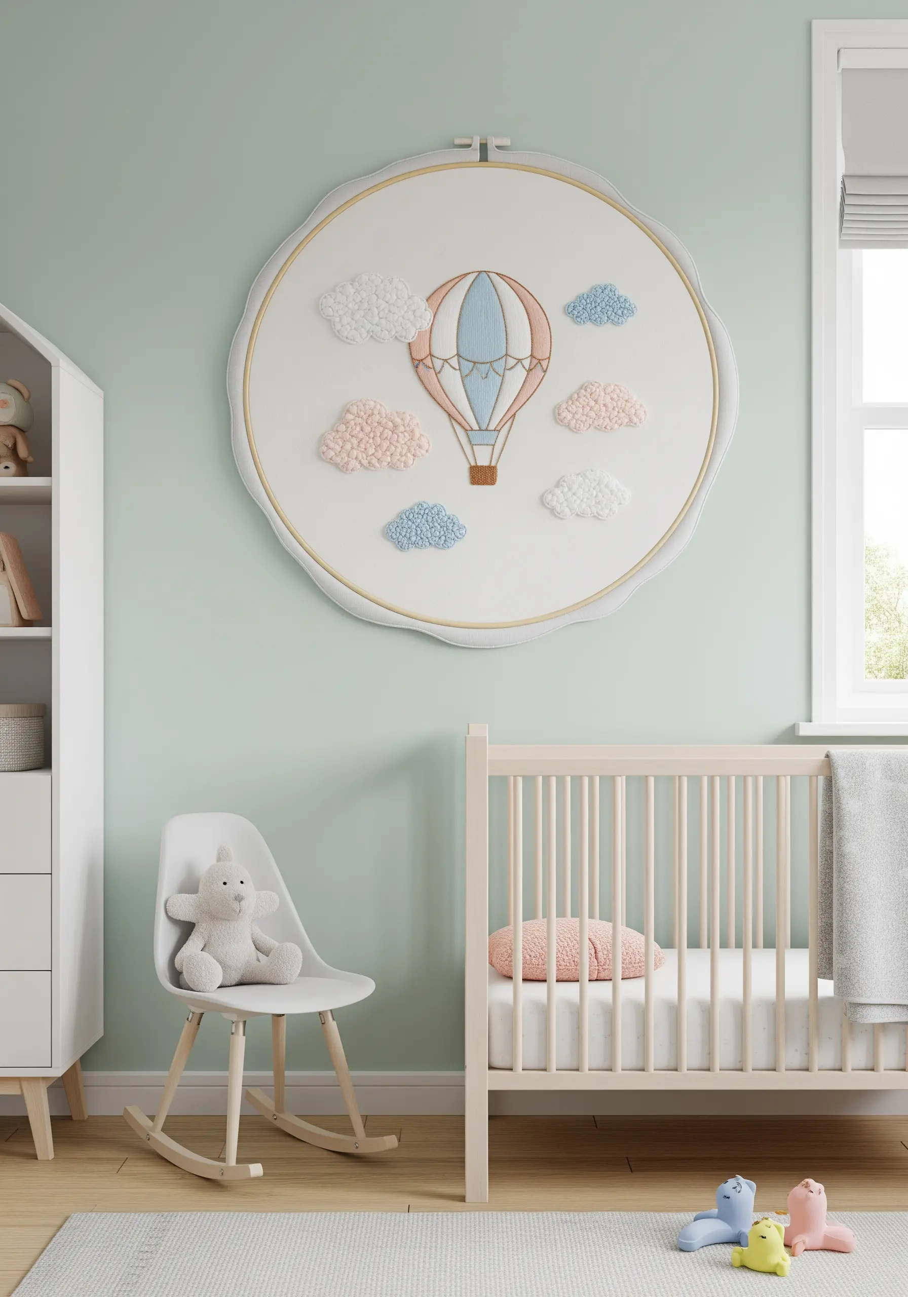 A large embroidery of a hot air balloon and clouds for a nursery.