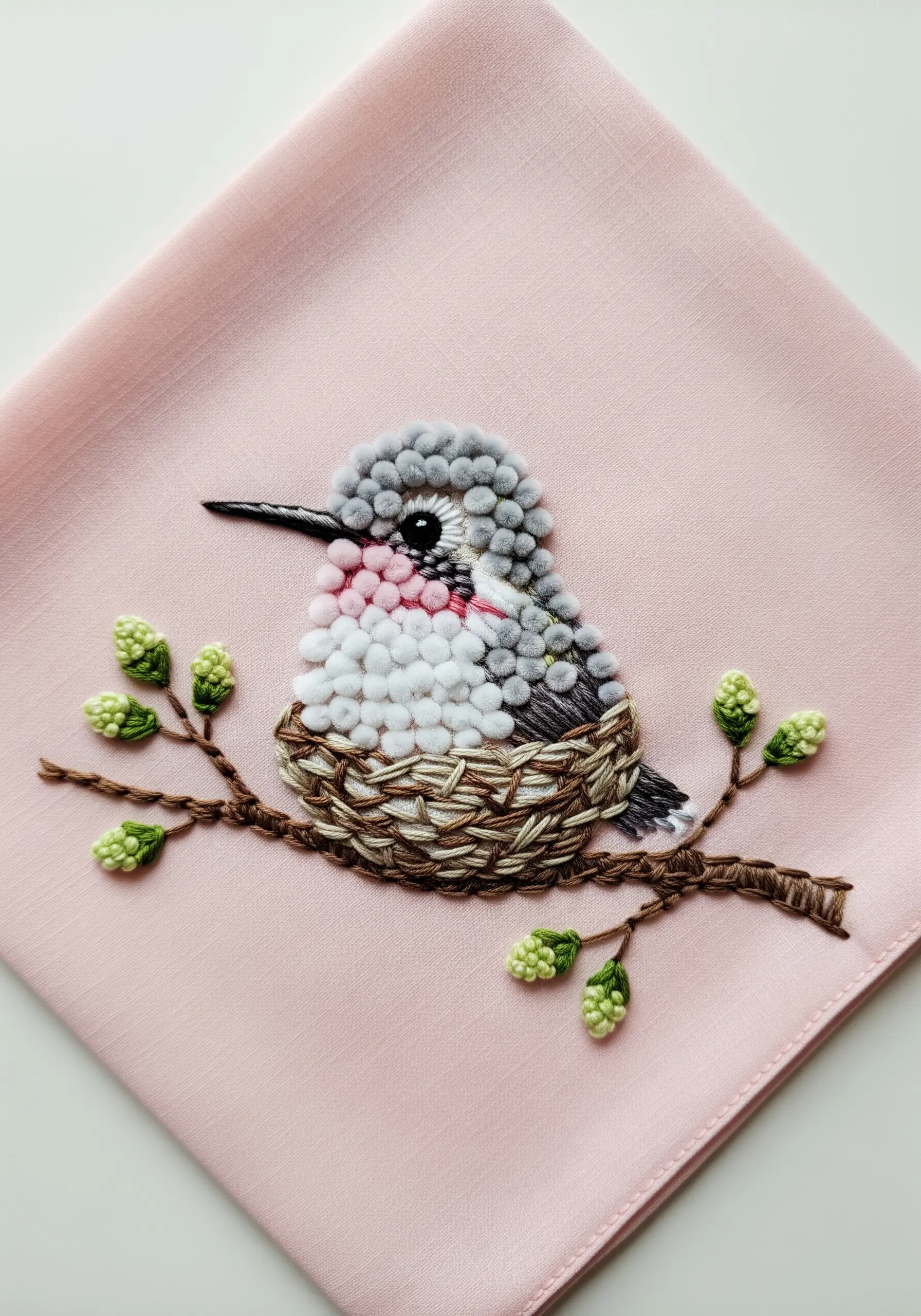 A fluffy hummingbird made of gray and pink French knots sitting in a nest.