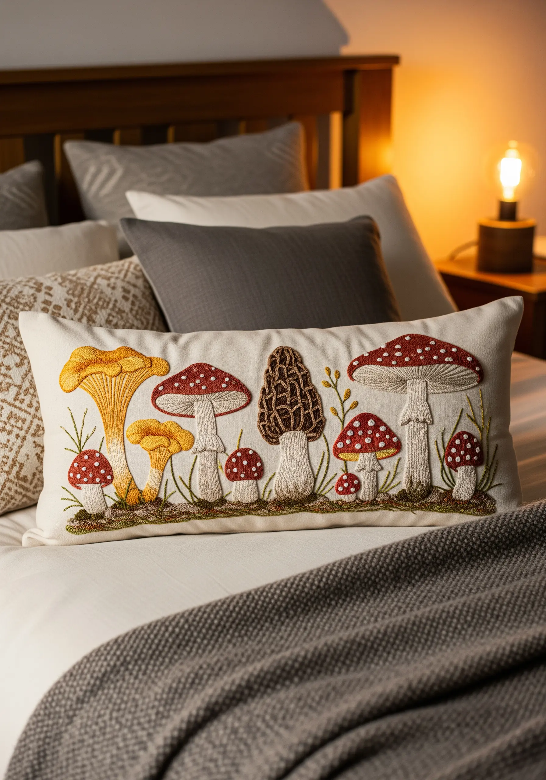 Embroidered mushrooms on a lumbar pillow with raised satin stitch details.