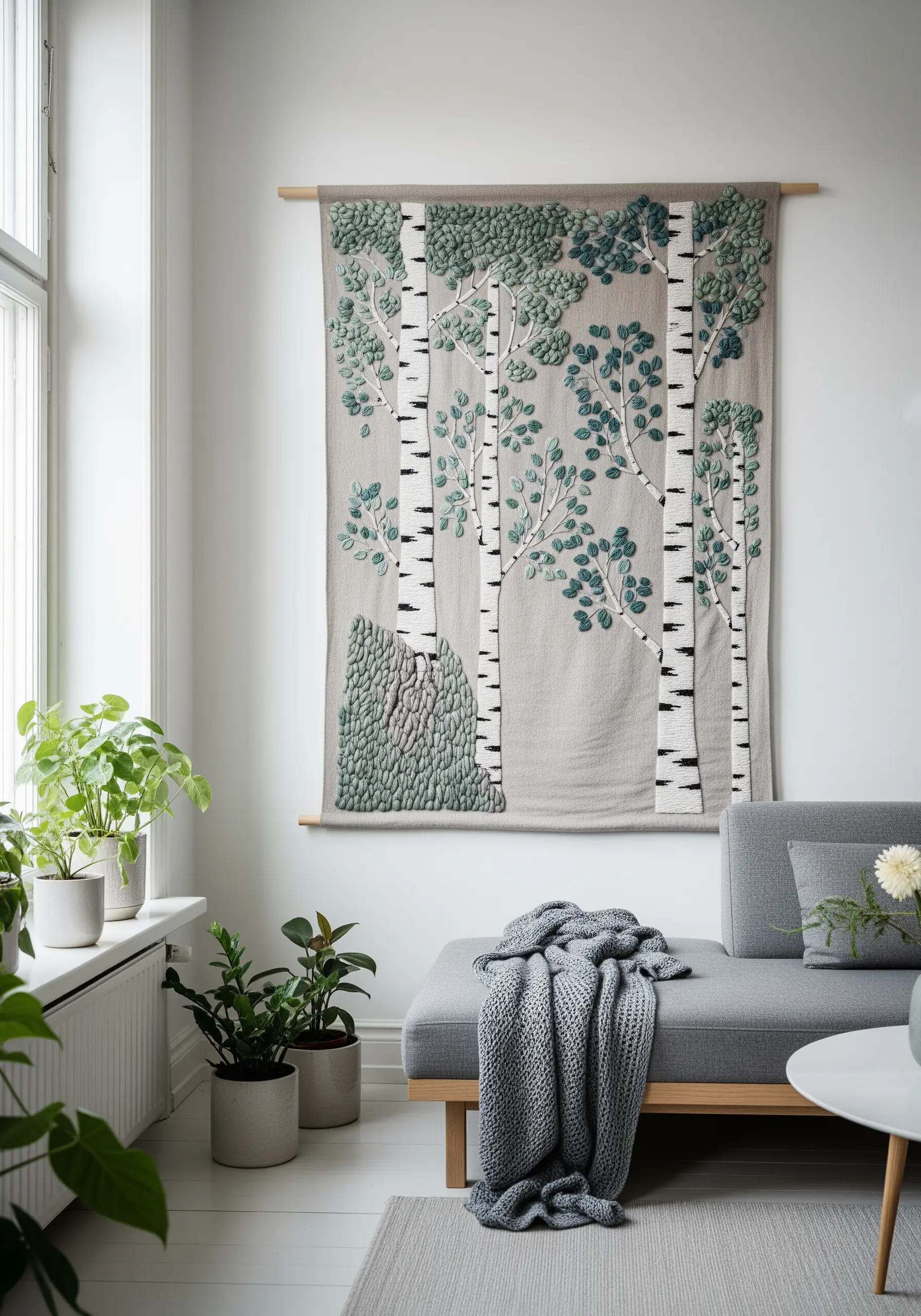 Embroidered birch tree wall hanging with highly textured French knot leaves.