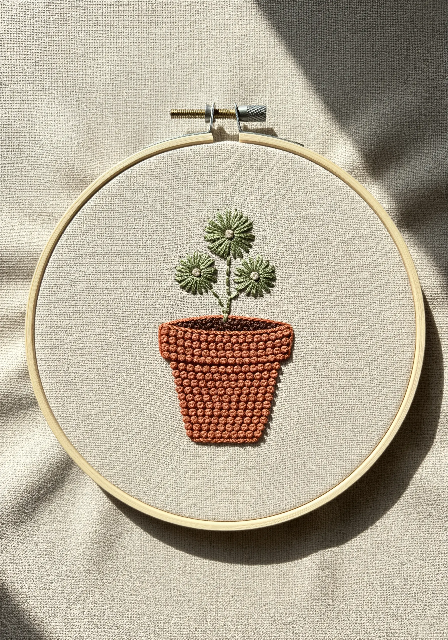 A potted plant embroidered with French knots for the pot and lazy daisies for the flowers.