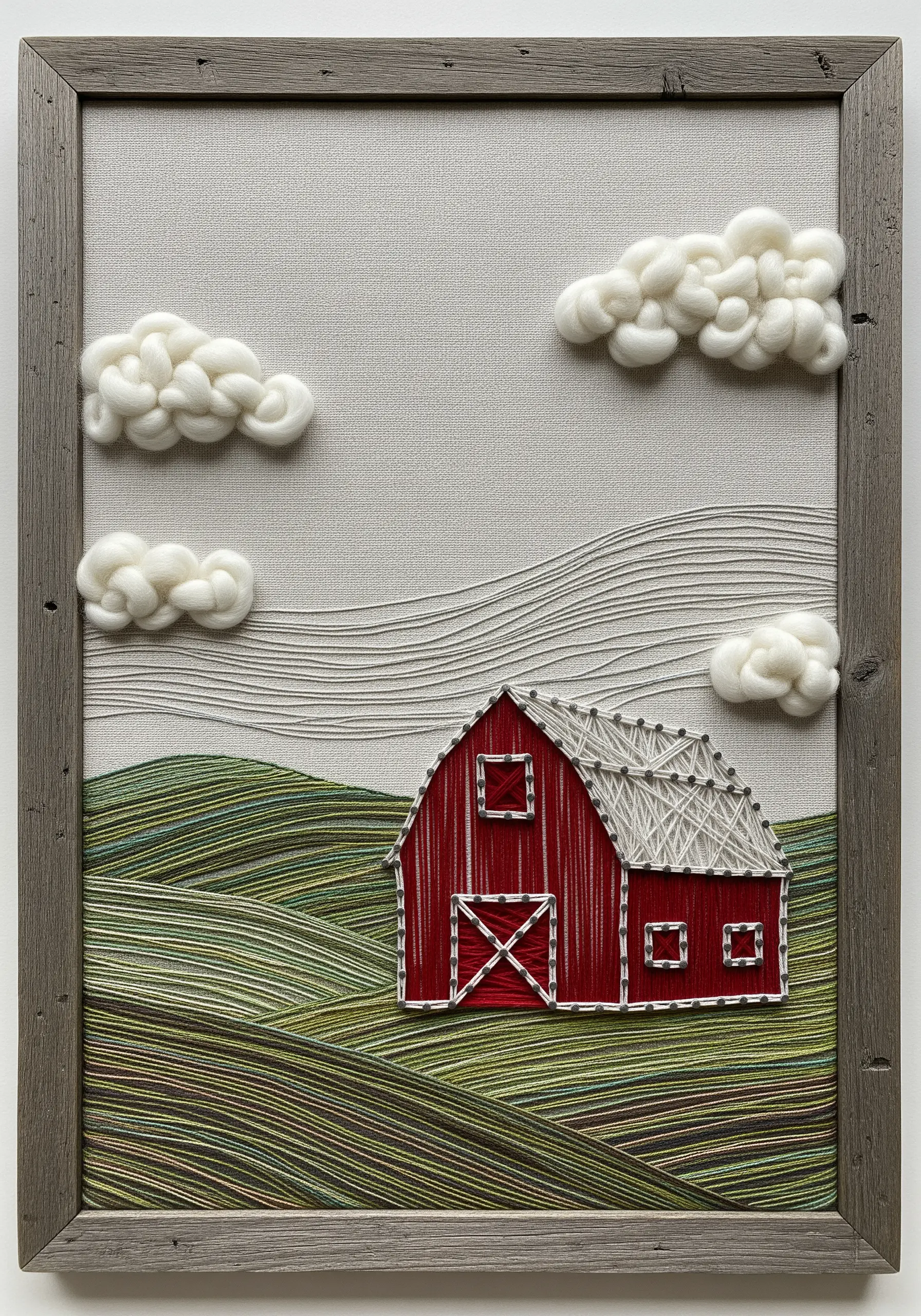Mixed-media landscape with a red string art barn, thread-wrapped hills, and puffy wool clouds.