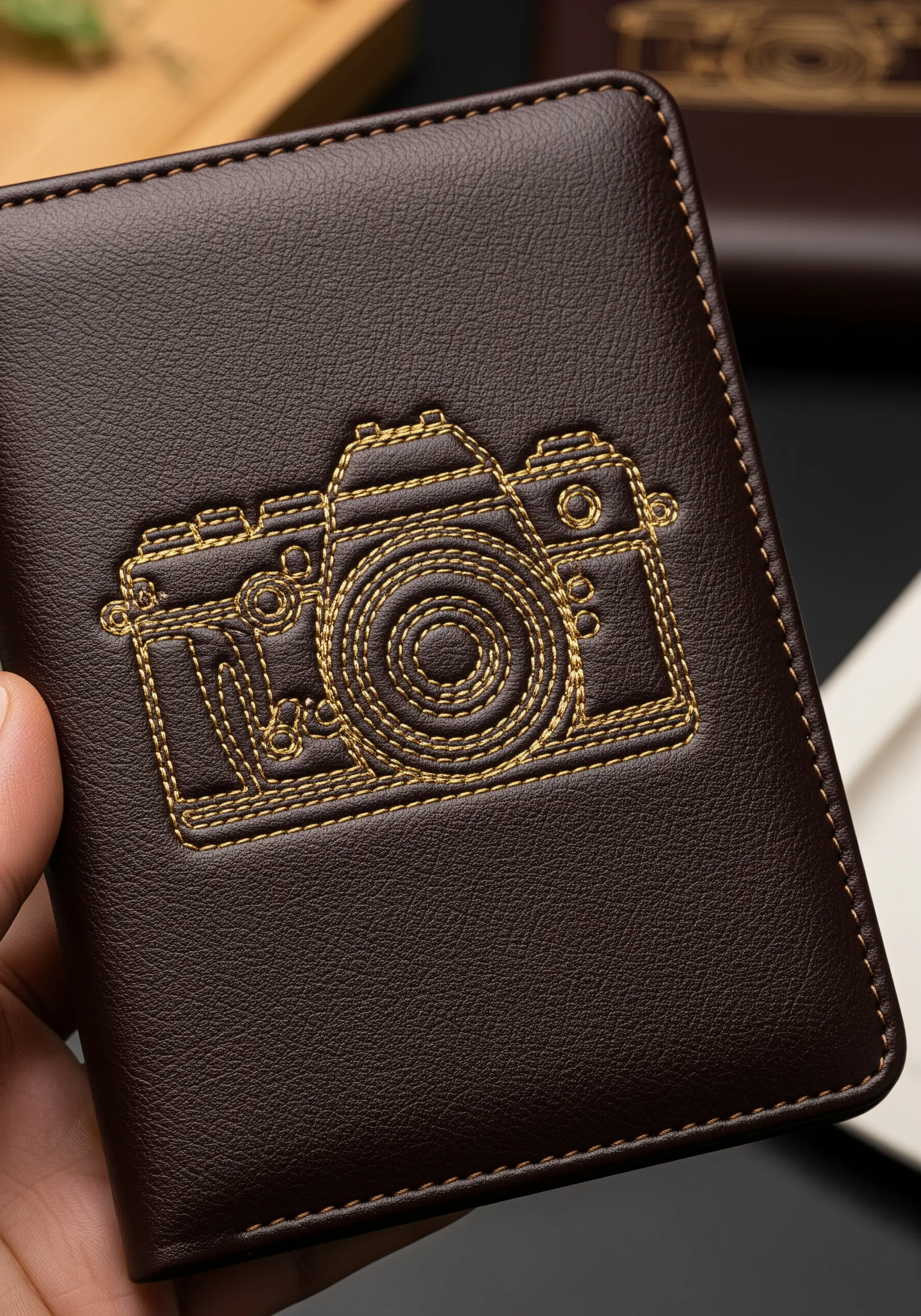 A vintage camera embroidered with concentric lines of golden thread on a brown leather passport holder.