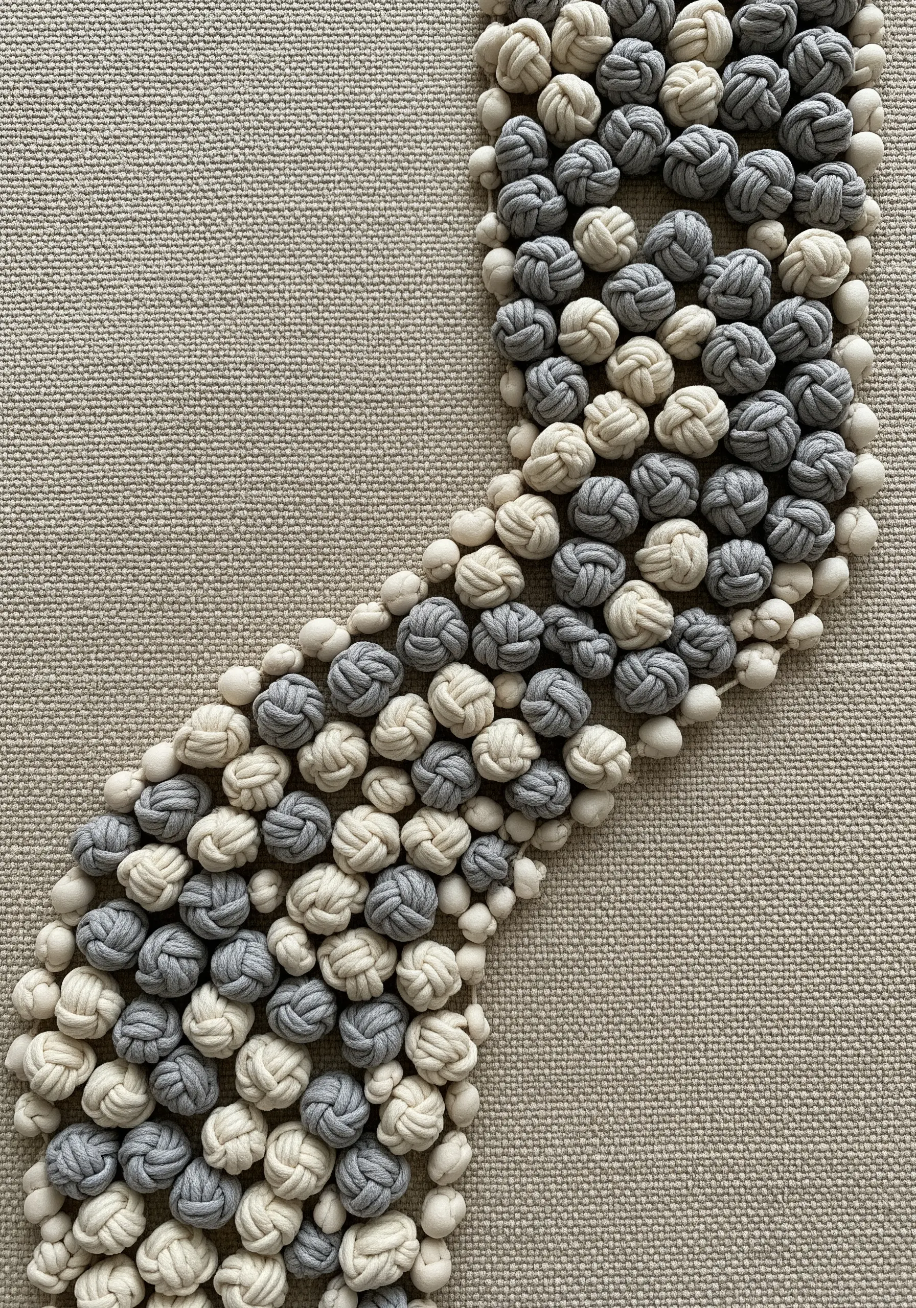 A dense, curved band of French knots in grey and cream creates a pebbled texture.