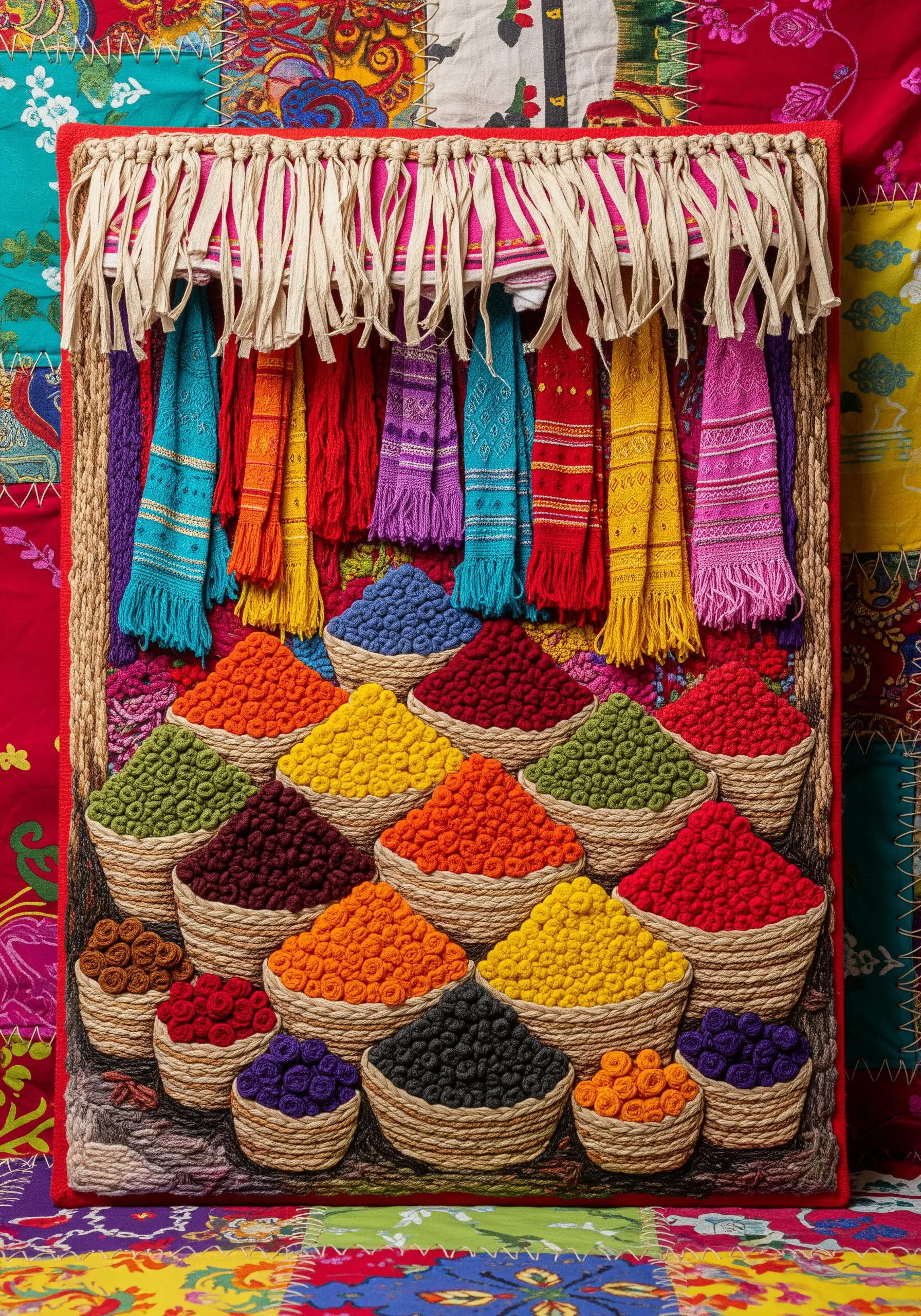 A fiber art piece of a spice market with baskets overflowing with densely knotted threads.