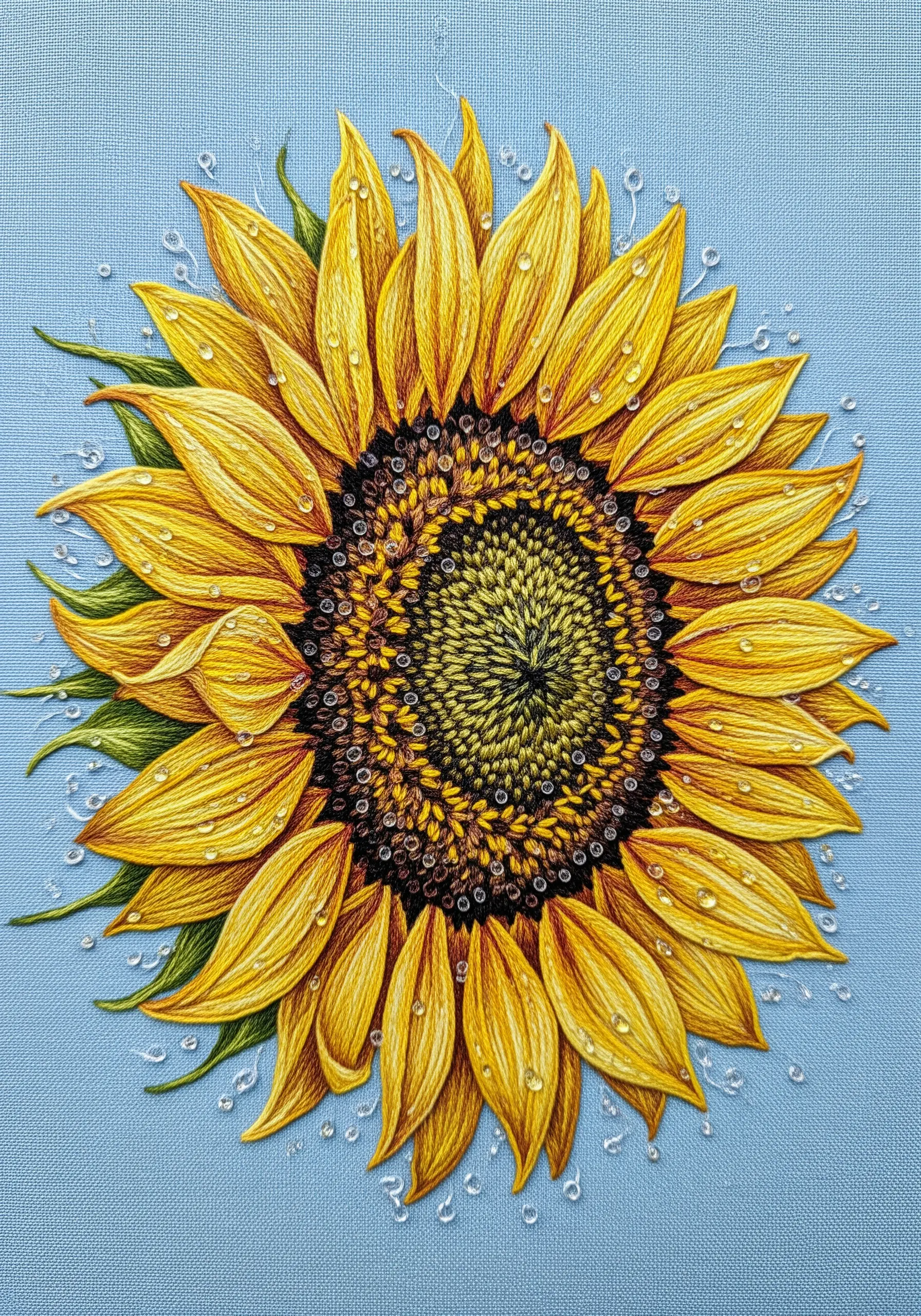 Detailed sunflower embroidery with a textured center of French knots against a blue background.