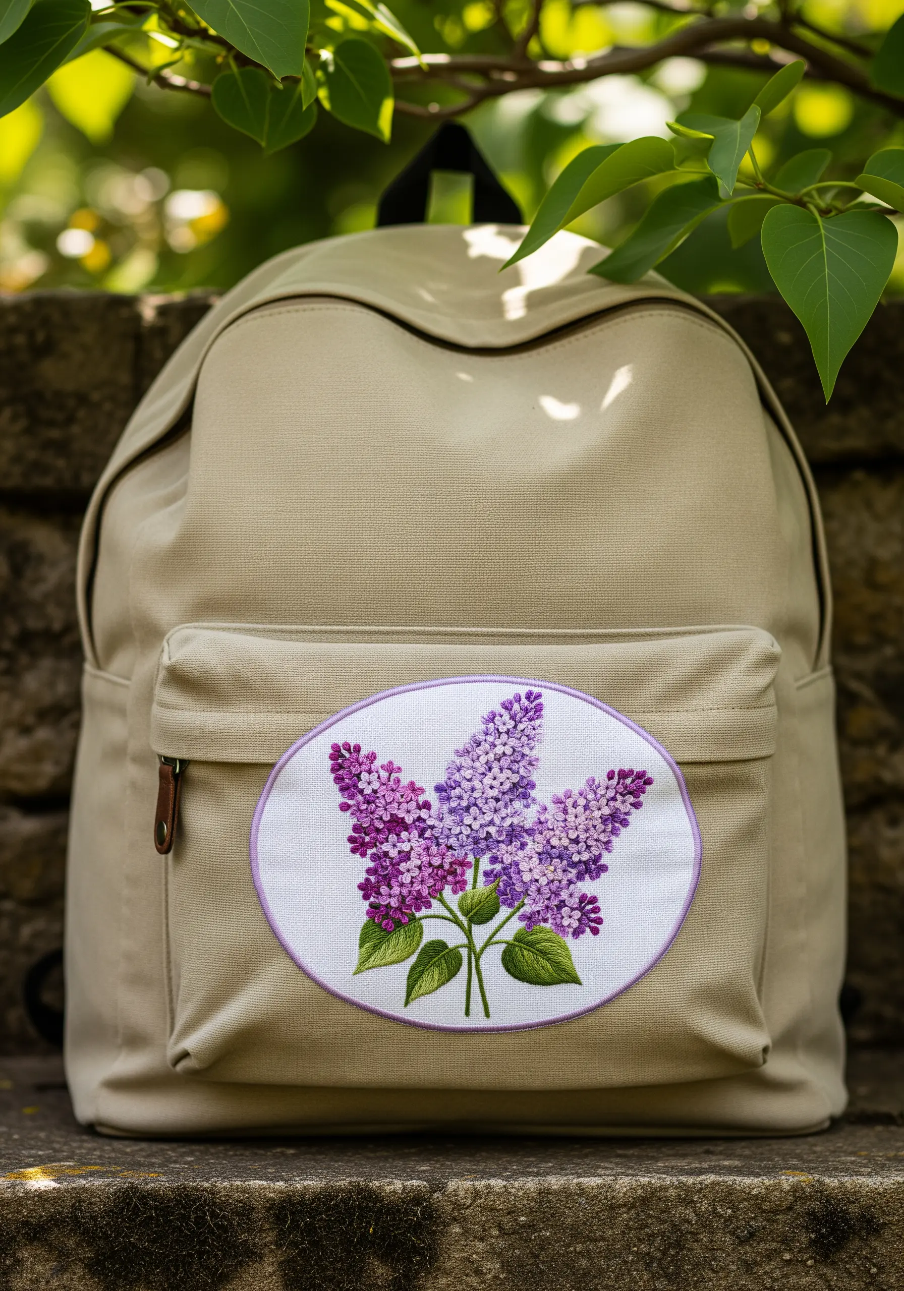 Embroidered lilac patch with clusters of purple and lavender French knots on a backpack.
